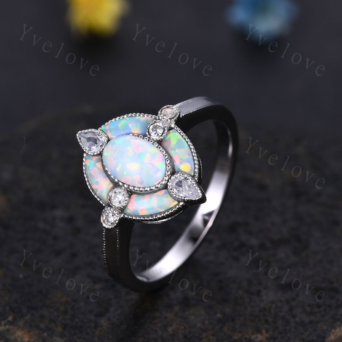 Oval opal engagement ring white opal ring opal moissanite wedding band rose gold vintage ring halo milgrain ring promise ring mother gift