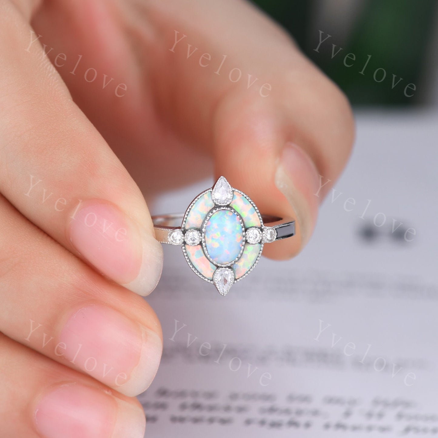 Oval opal engagement ring white opal ring opal moissanite wedding band rose gold vintage ring halo milgrain ring promise ring mother gift