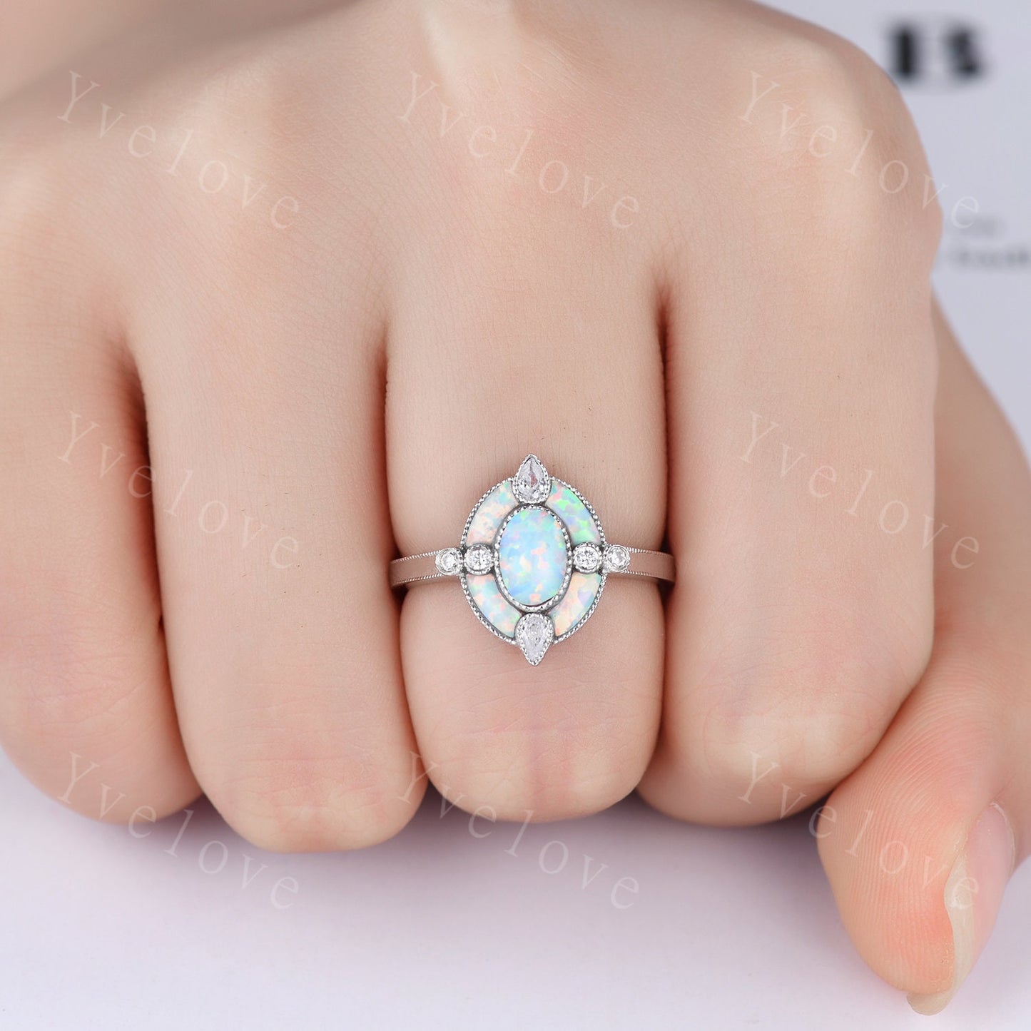 Oval opal engagement ring white opal ring opal moissanite wedding band rose gold vintage ring halo milgrain ring promise ring mother gift
