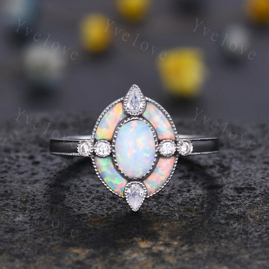 Oval opal engagement ring white opal ring opal moissanite wedding band rose gold vintage ring halo milgrain ring promise ring mother gift