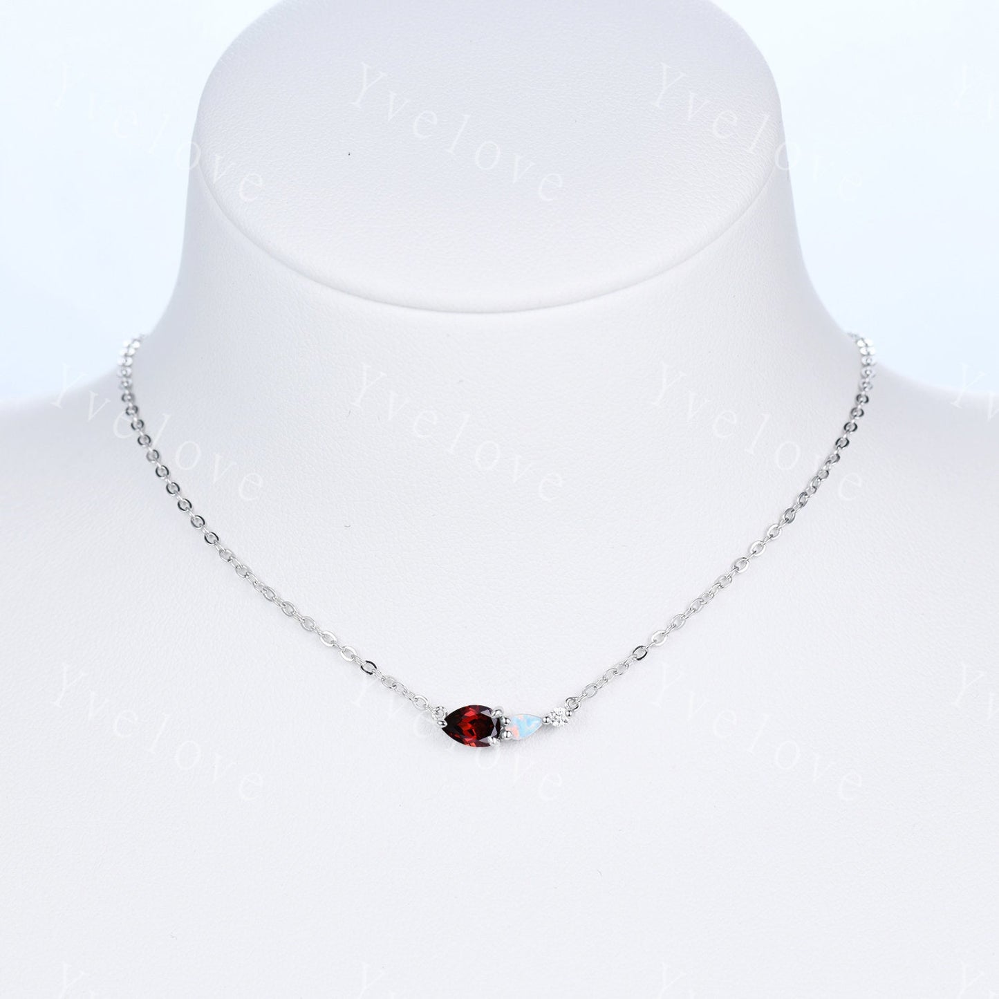Unique Garnet Opal Necklace,Pear Cut Gems,Art Deco Moissanite Diamond Delicate Dainty Necklace,3 Stone Unique Women Bridal Gift,White gold