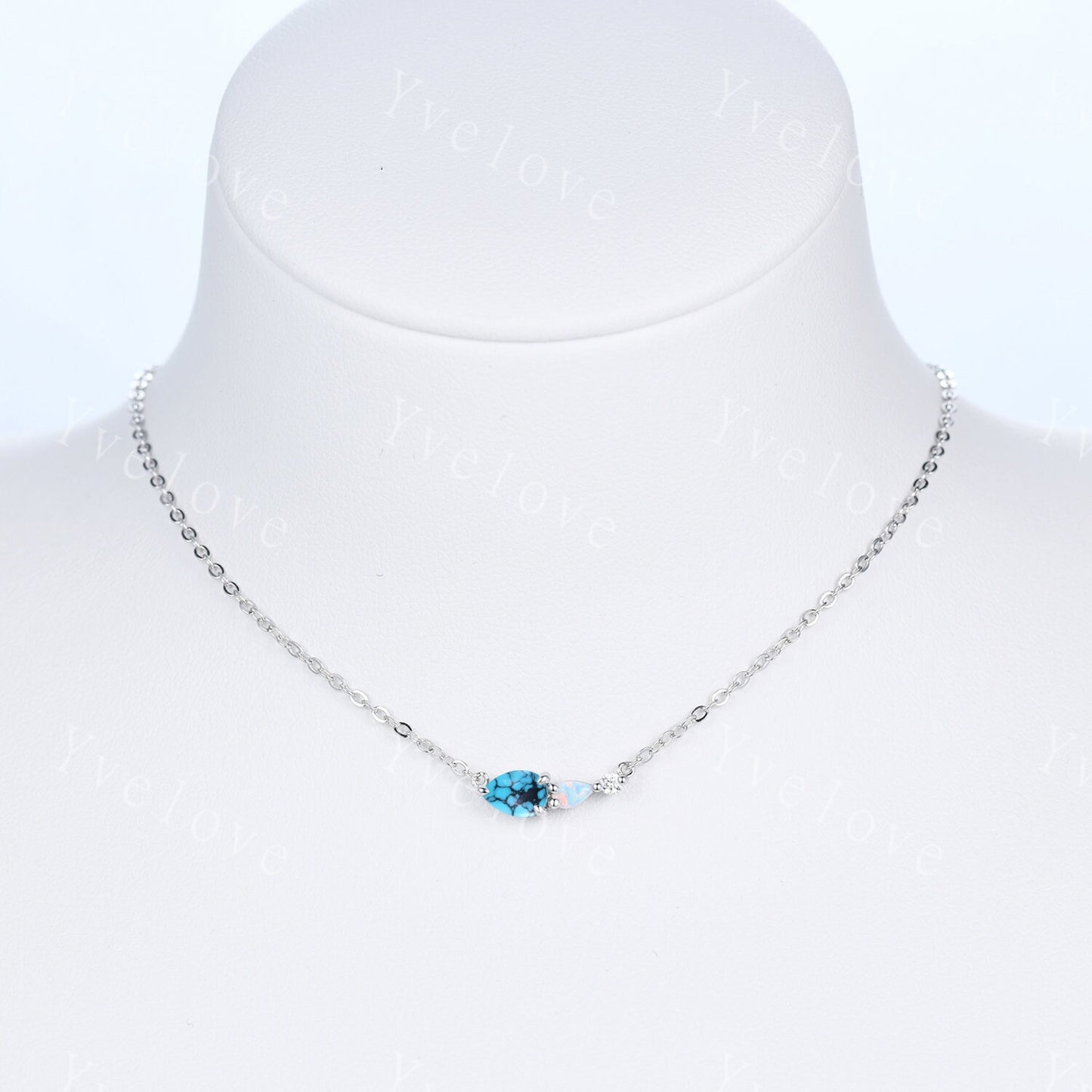 Unique Turquoise Opal Necklace,Pear Cut Gems,Art Deco Moissanite Diamond Delicate Dainty Pendant,3 Stone Unique Women Bridal Gift,White gold