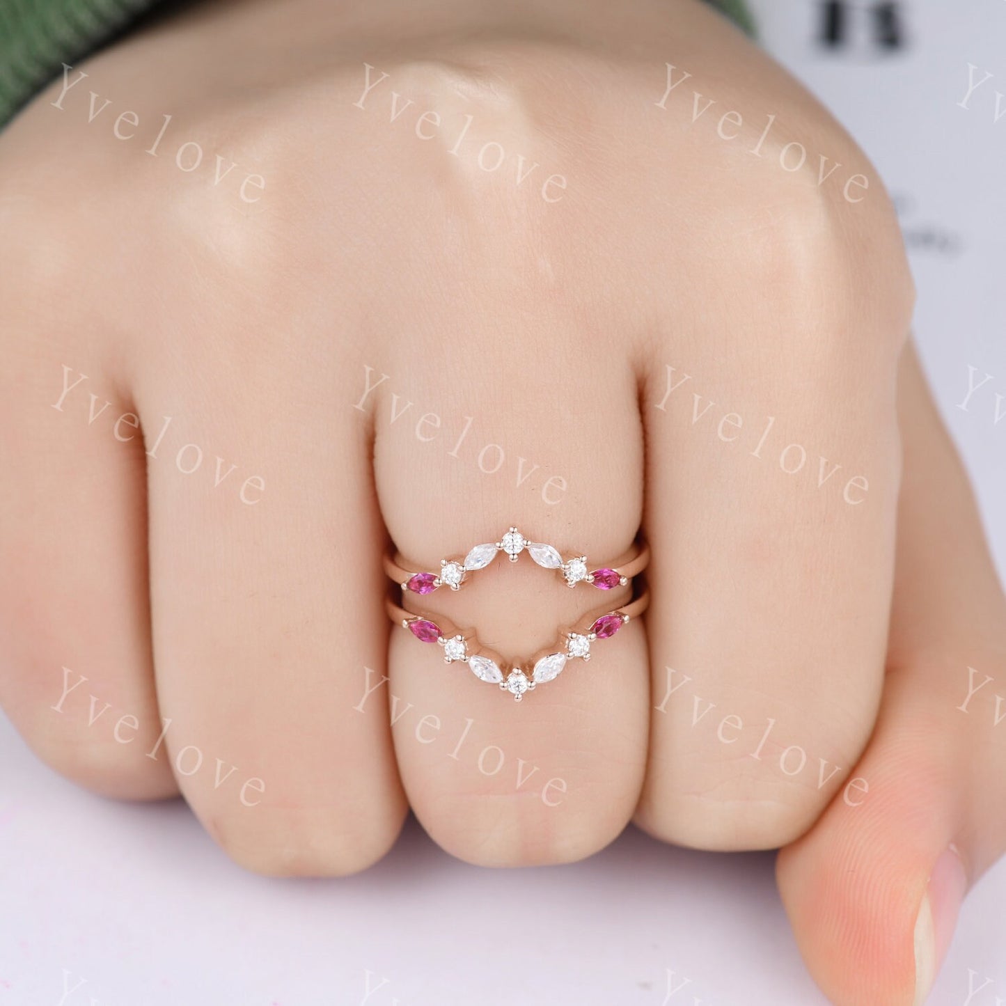 Unique Moissanite Ring,Moissanite Ruby Engagement Ring,Enhancer Wedding Band,Double curved Stacking Matching Band Promise Bridal Ring Gift
