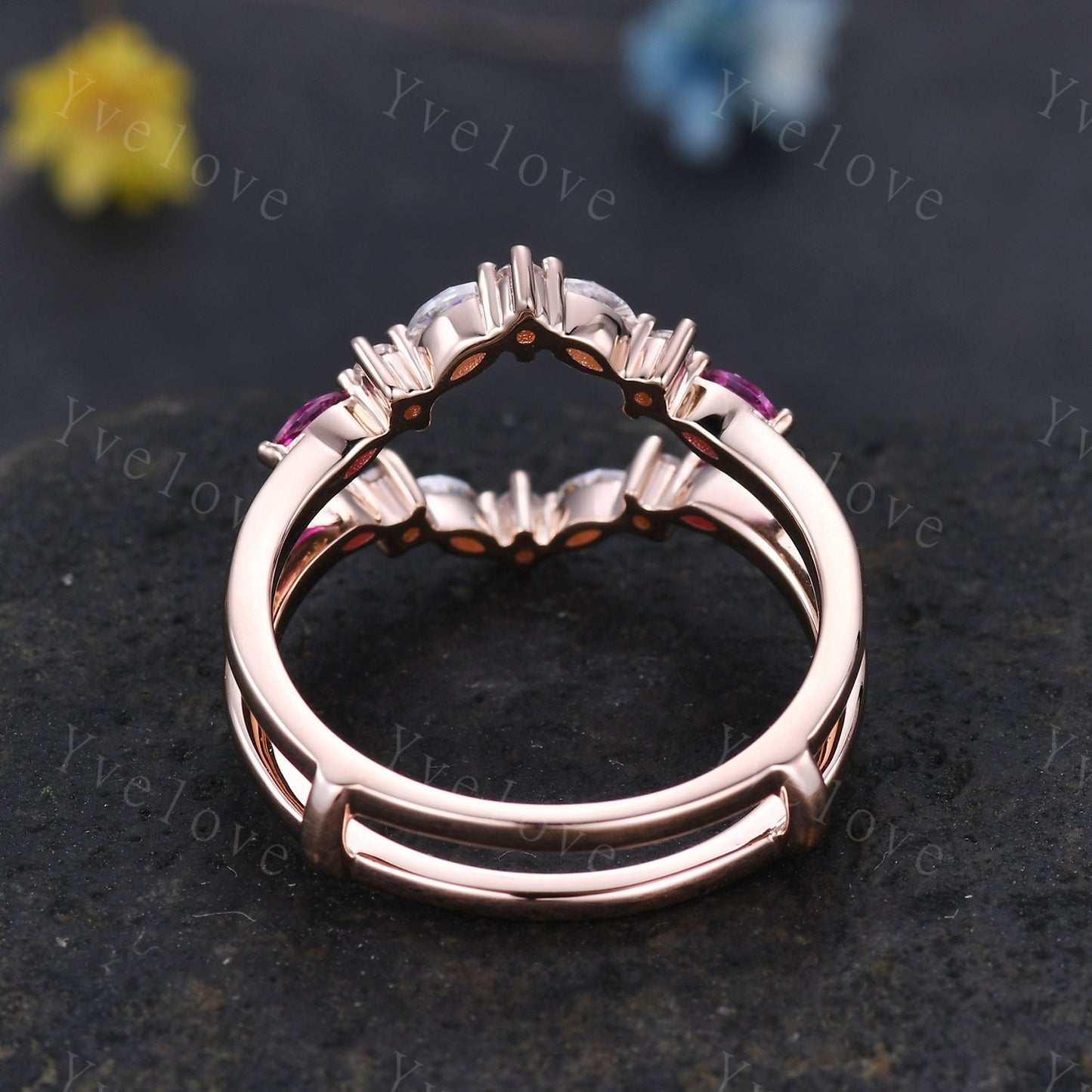 Unique Moissanite Ring,Moissanite Ruby Engagement Ring,Enhancer Wedding Band,Double curved Stacking Matching Band Promise Bridal Ring Gift