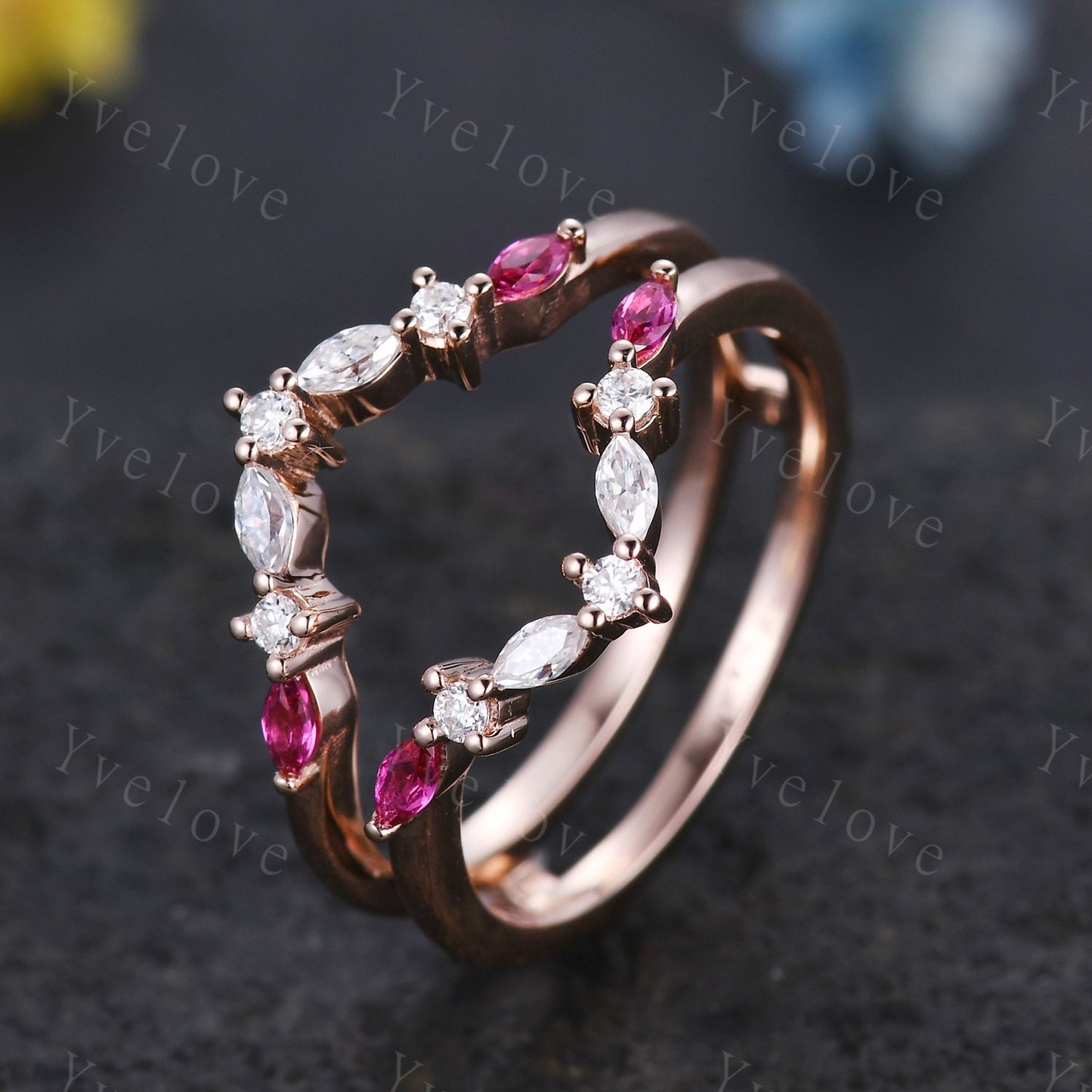 Unique Moissanite Ring,Moissanite Ruby Engagement Ring,Enhancer Wedding Band,Double curved Stacking Matching Band Promise Bridal Ring Gift