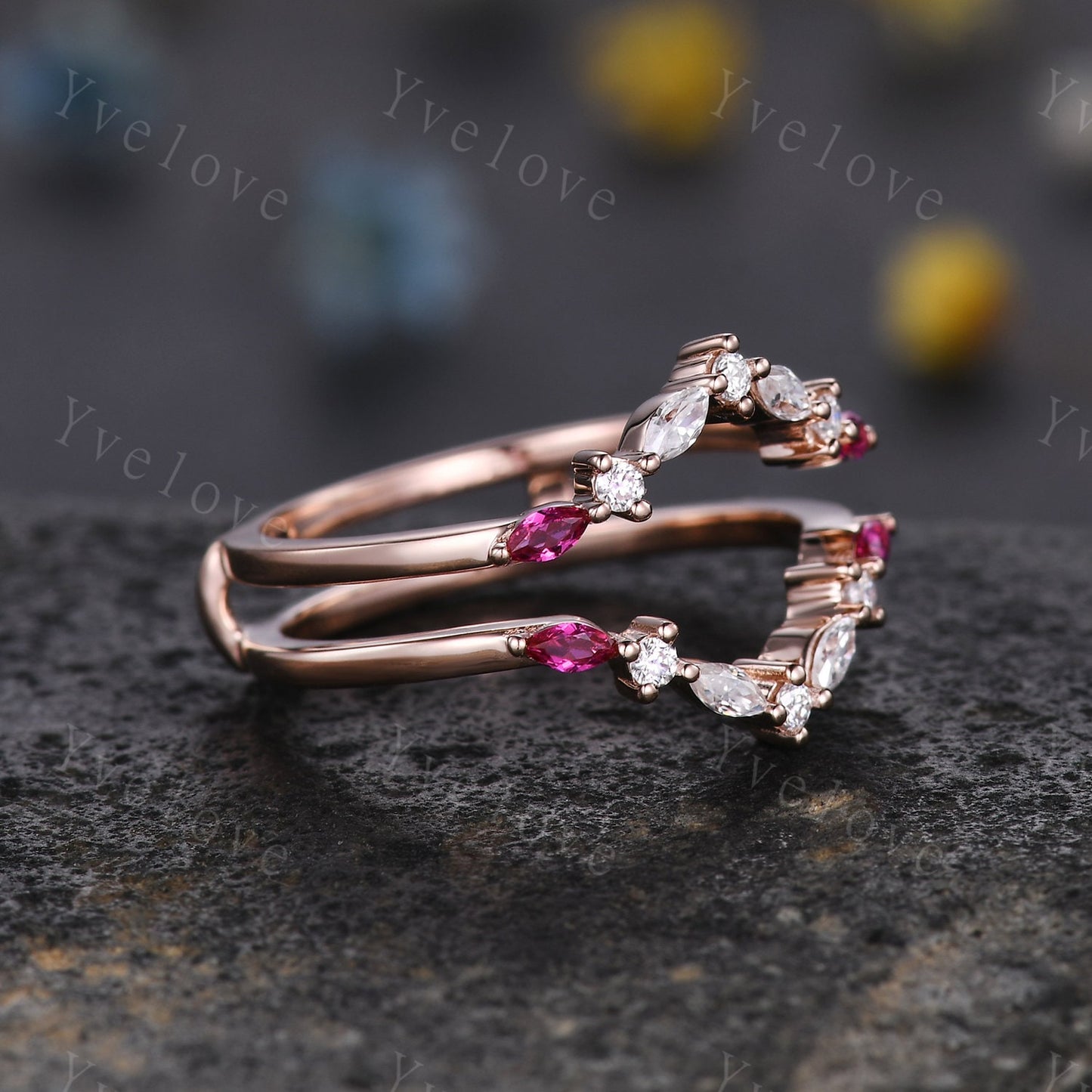 Unique Moissanite Ring,Moissanite Ruby Engagement Ring,Enhancer Wedding Band,Double curved Stacking Matching Band Promise Bridal Ring Gift
