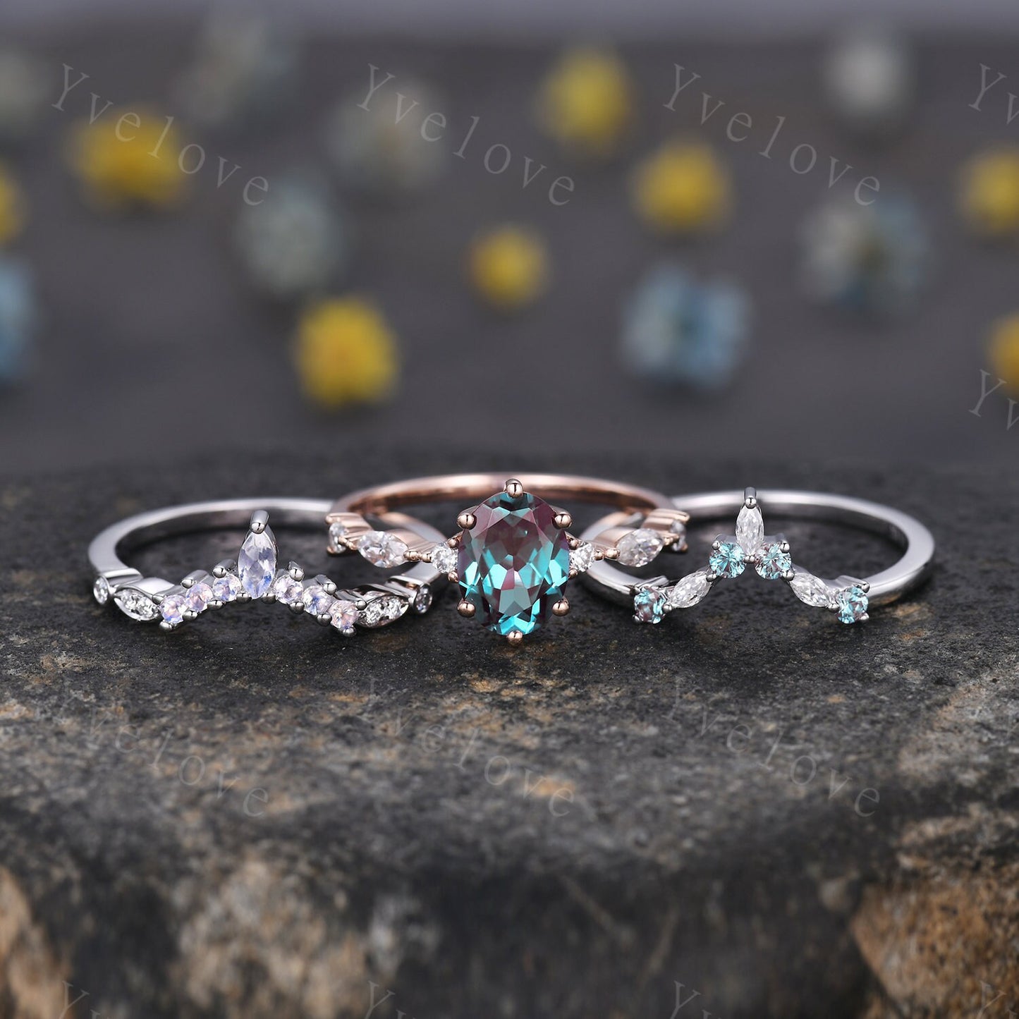 Vintage alexandrite engagement ring,Unique gold wedding set,Art deco moonstone moissanite matching stacking ring,bridal set,rings for her