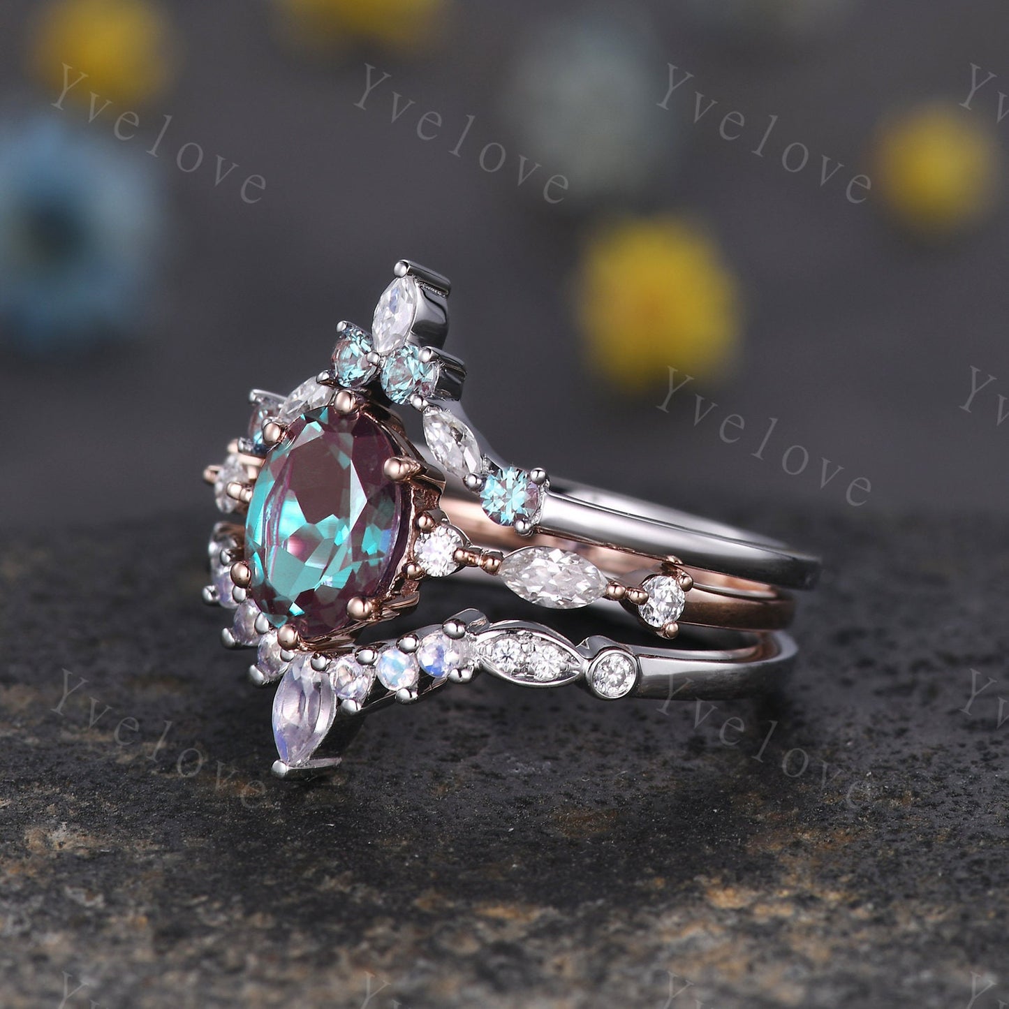 Vintage alexandrite engagement ring,Unique gold wedding set,Art deco moonstone moissanite matching stacking ring,bridal set,rings for her