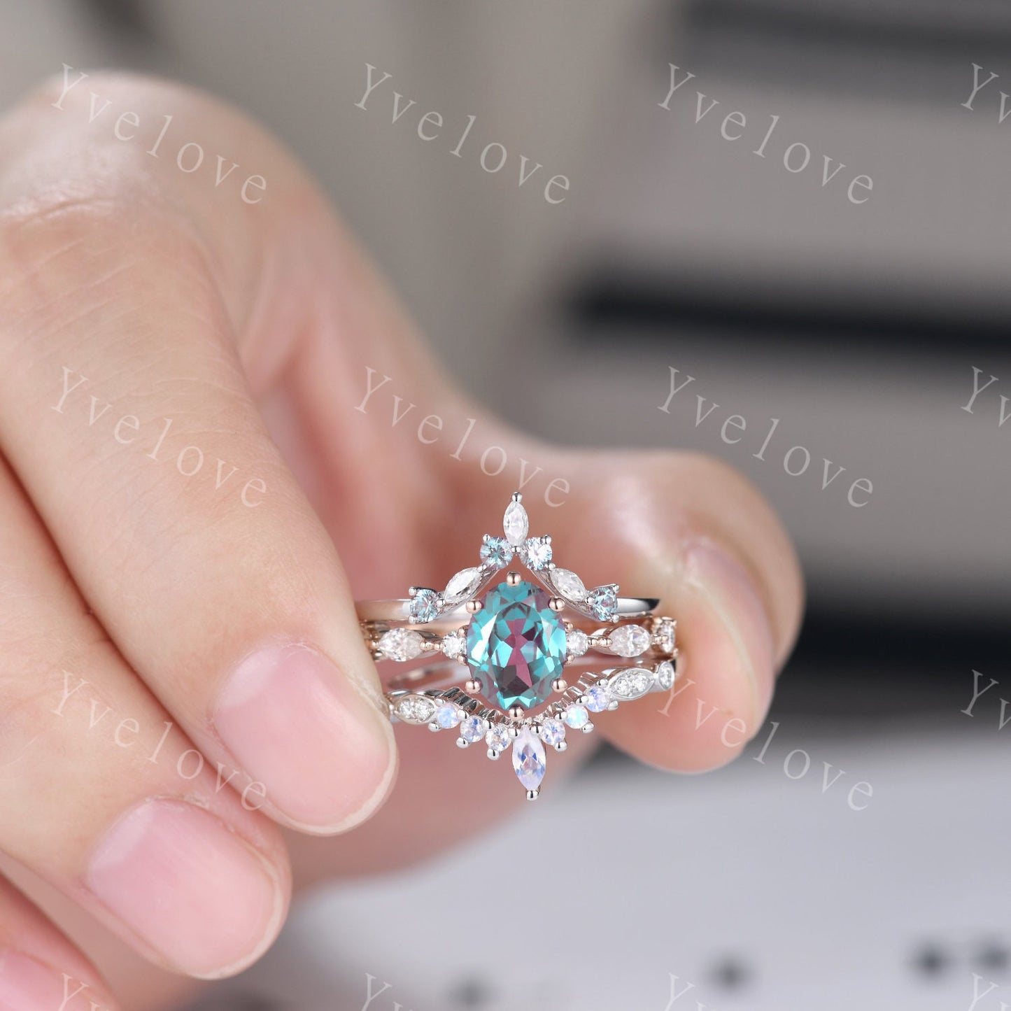 Vintage alexandrite engagement ring,Unique gold wedding set,Art deco moonstone moissanite matching stacking ring,bridal set,rings for her