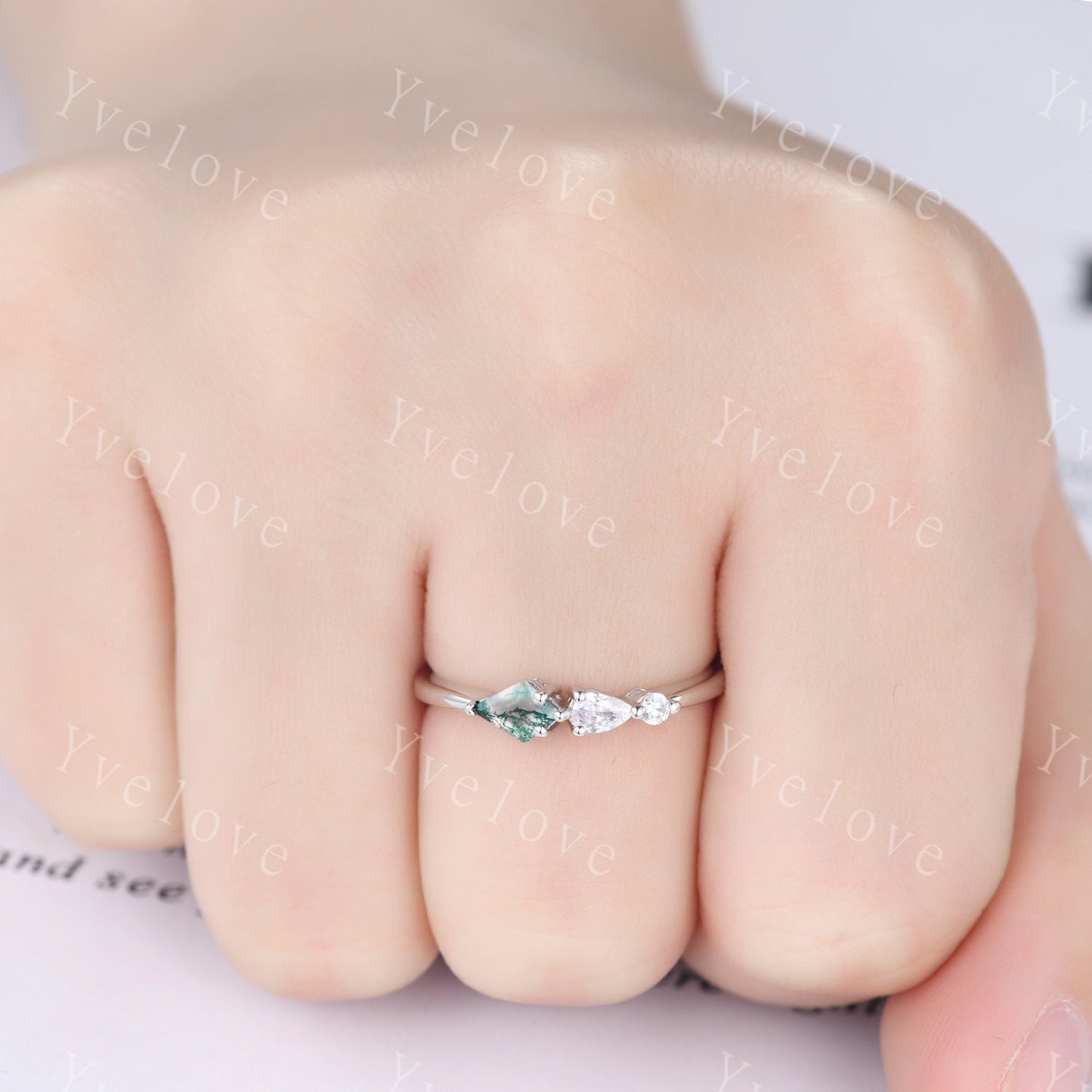Unique Moss Agate Engagement Ring,Kite Cut Gems,Art Deco Moissanite Wedding Band,3 Stone Unique Women Bridal Promise Ring,Customized Gift