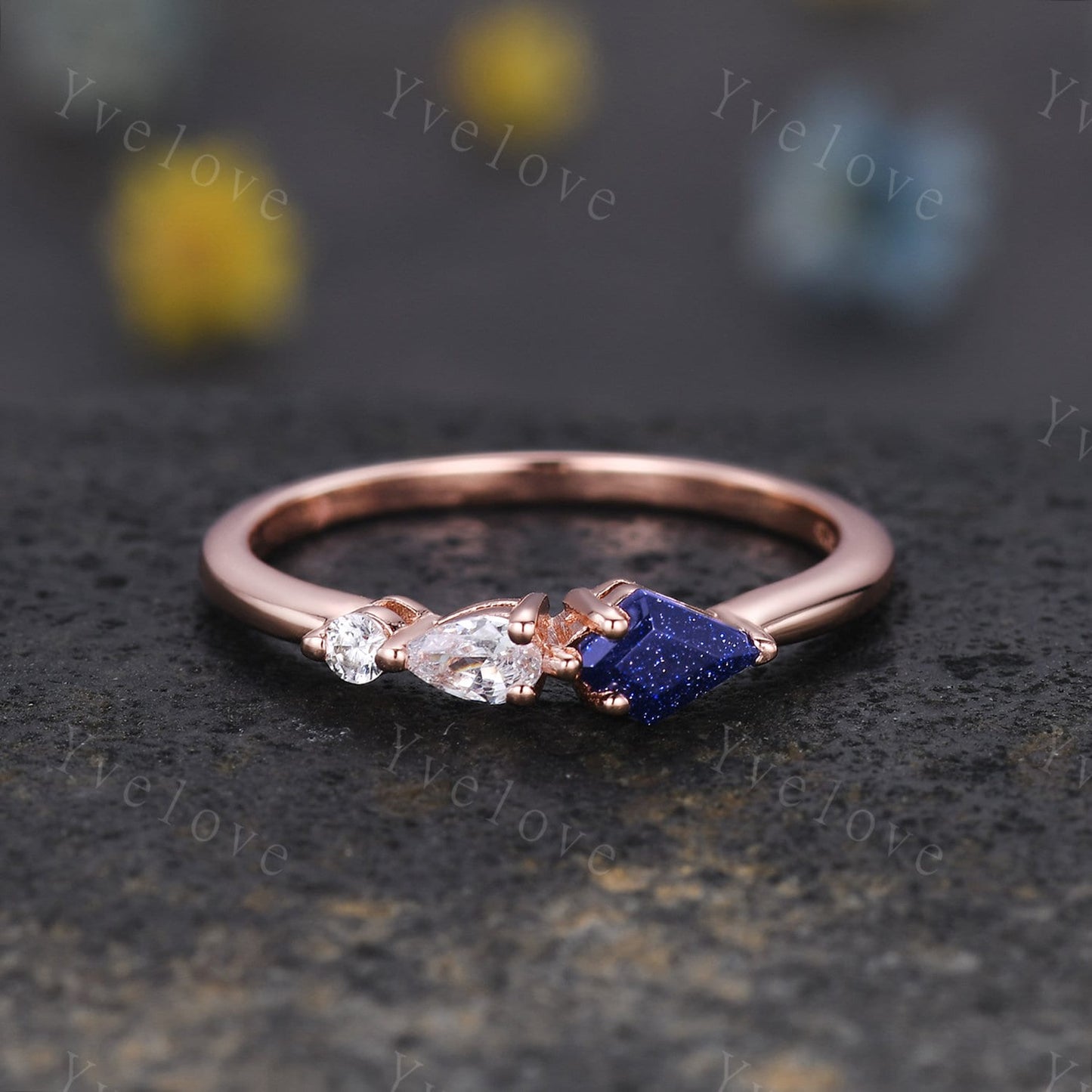 Unique Sandstone Engagement Ring,Kite Cut Gems,Art Deco Moissanite Wedding Band,3 Stone Unique Women Bridal Promise Ring,925 Sterling Silver