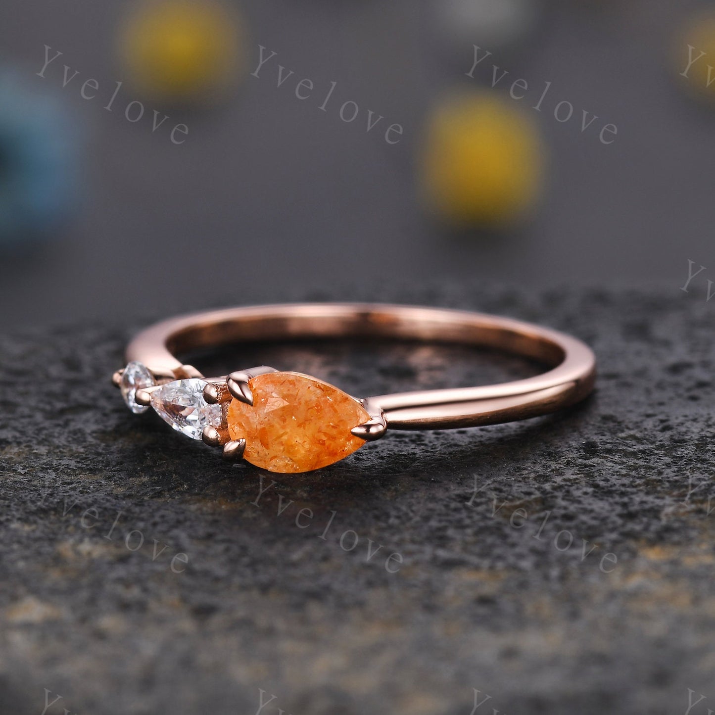 Vintage Sunstone Engagement Ring,Pear Cut Gems,Art Deco Moissanite Wedding Band,3 Stone Unique Women Bridal Promise Ring,14k Rose gold Gift