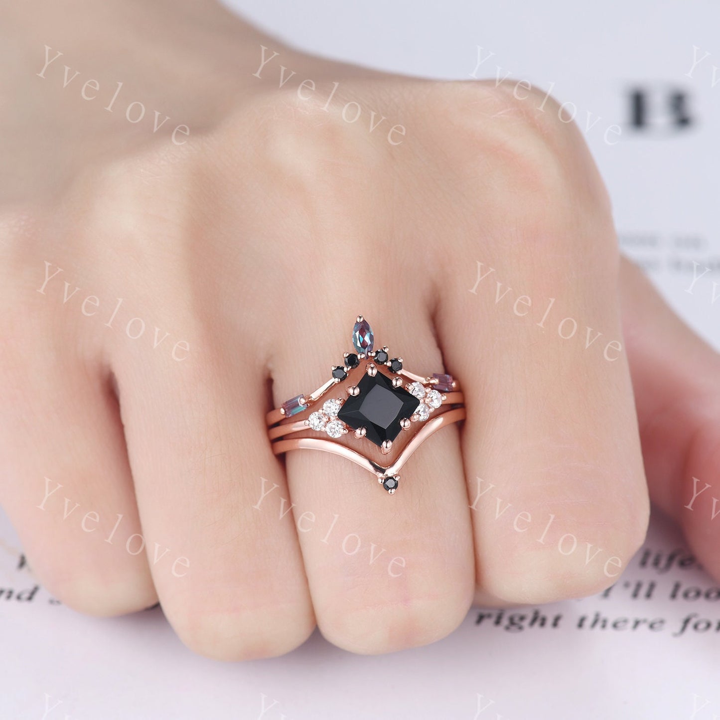 3PCS Vintage princess cut black onyx engagement ring set,black spinel ring,baguette alexandrite,sterling silver ring,unique ring set gift