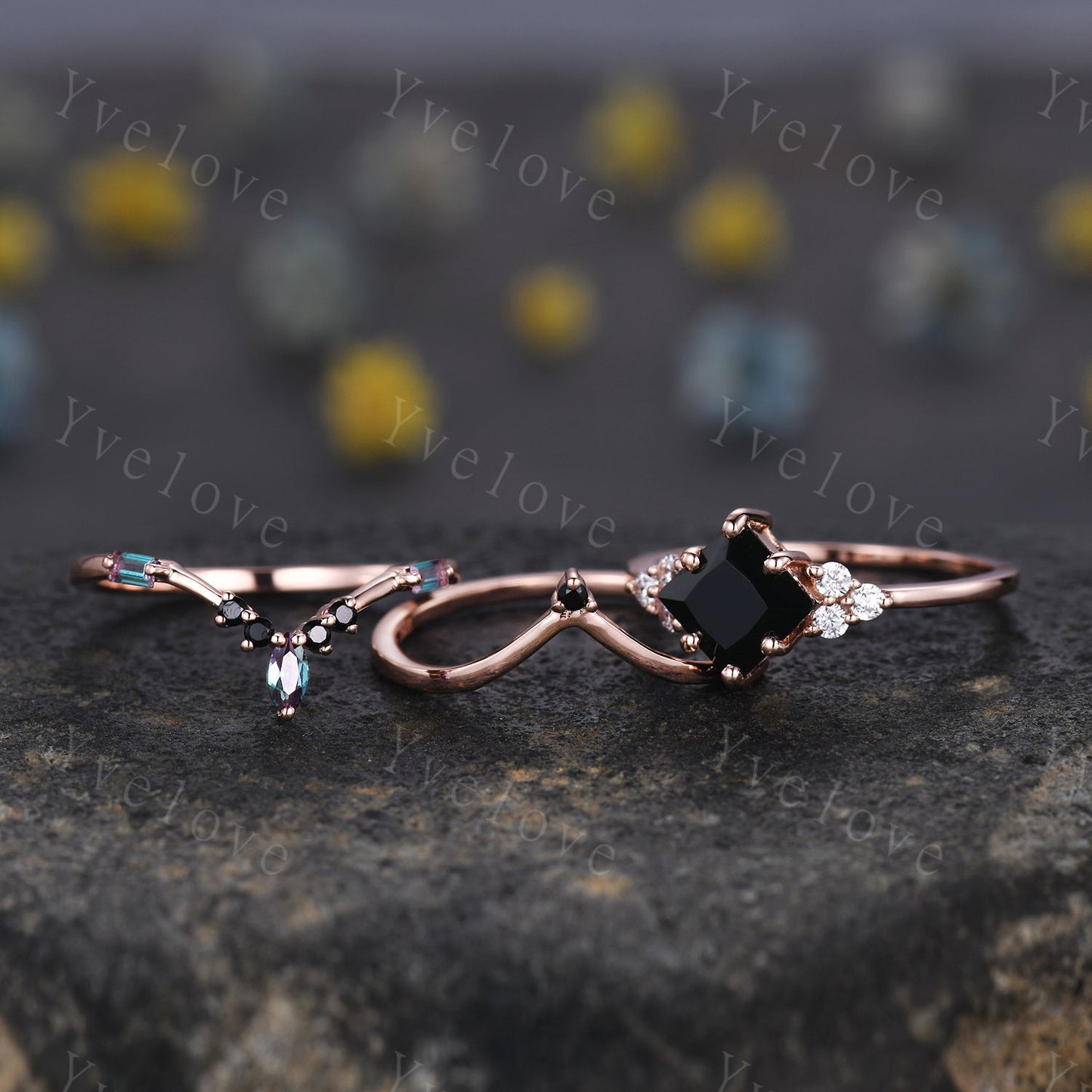3PCS Vintage princess cut black onyx engagement ring set,black spinel ring,baguette alexandrite,sterling silver ring,unique ring set gift