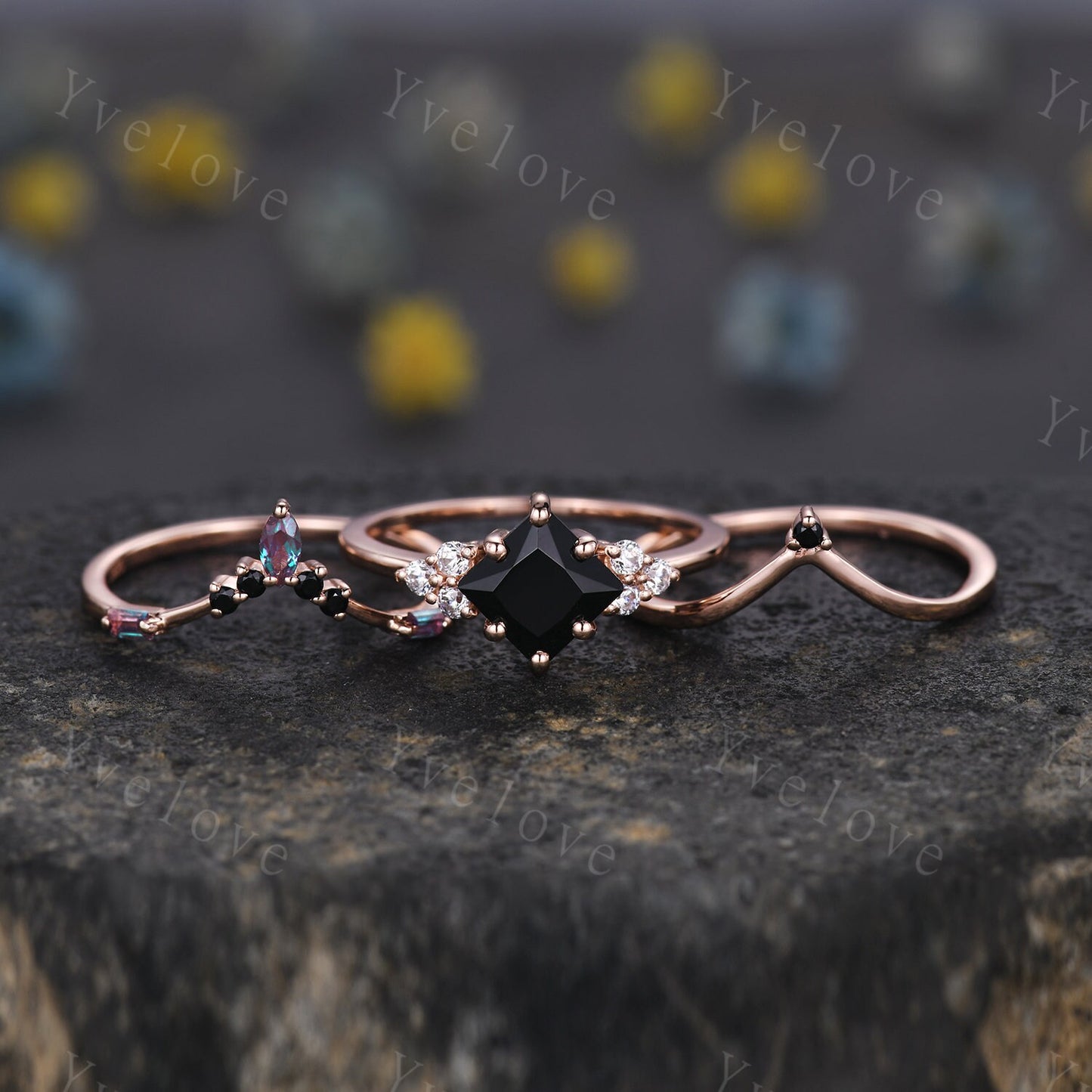 3PCS Vintage princess cut black onyx engagement ring set,black spinel ring,baguette alexandrite,sterling silver ring,unique ring set gift