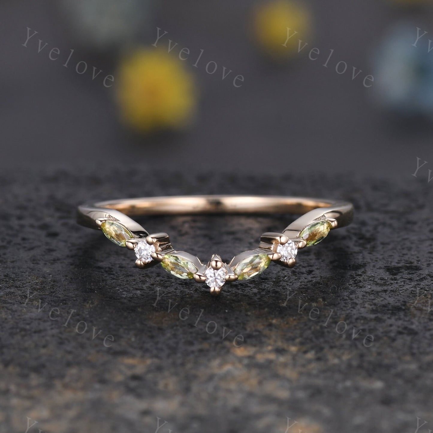 Natural Peridot Matching Band V Curved stacking band moissanite wedding ring 14k gold art deco marquise peridot ring promise ring customized