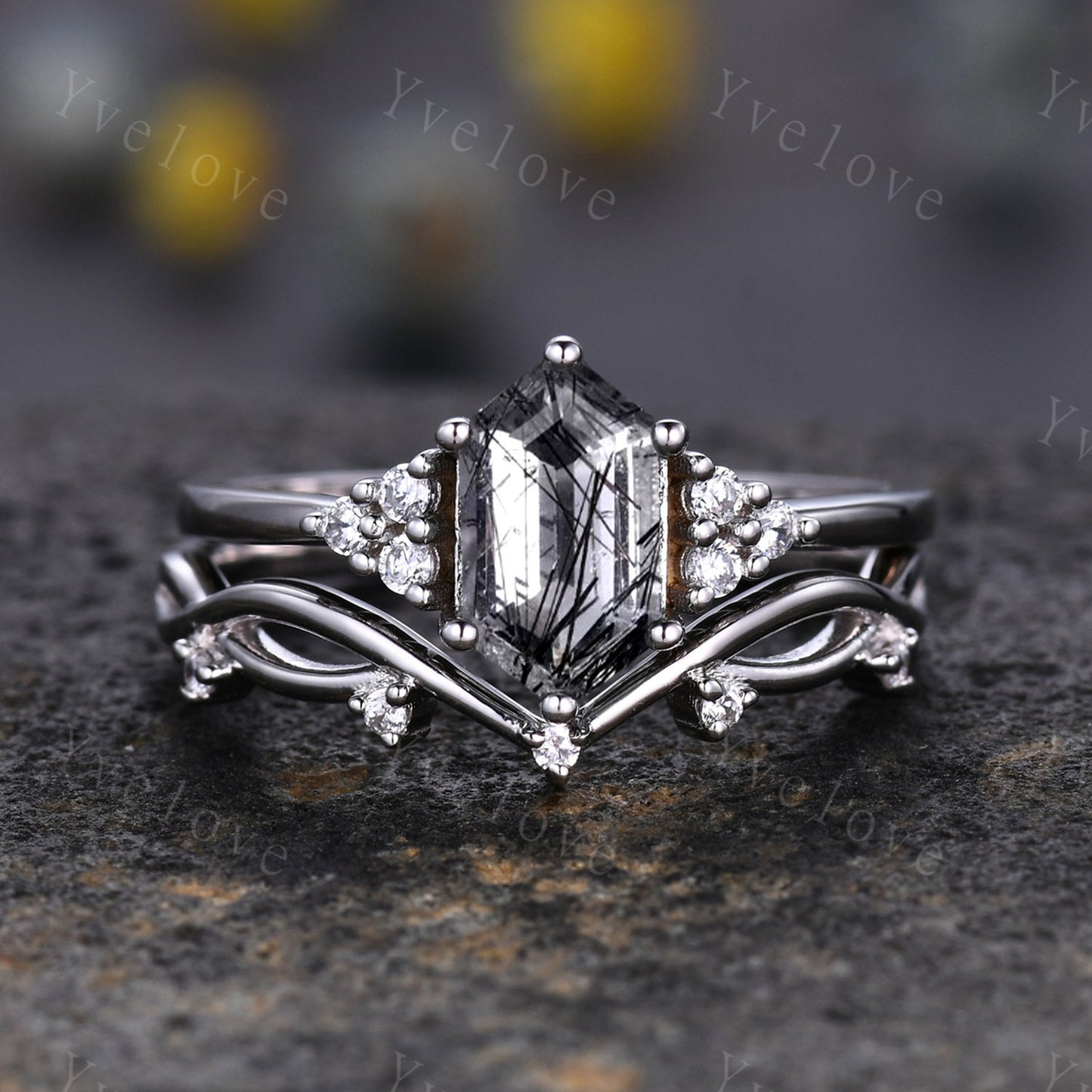 Retro hexagon Black Rutilate Quartz Ring,Vintage Black Silver Ring,Unique Black Quartz Engagement Ring,Promise Bridal Ring Gift For Her