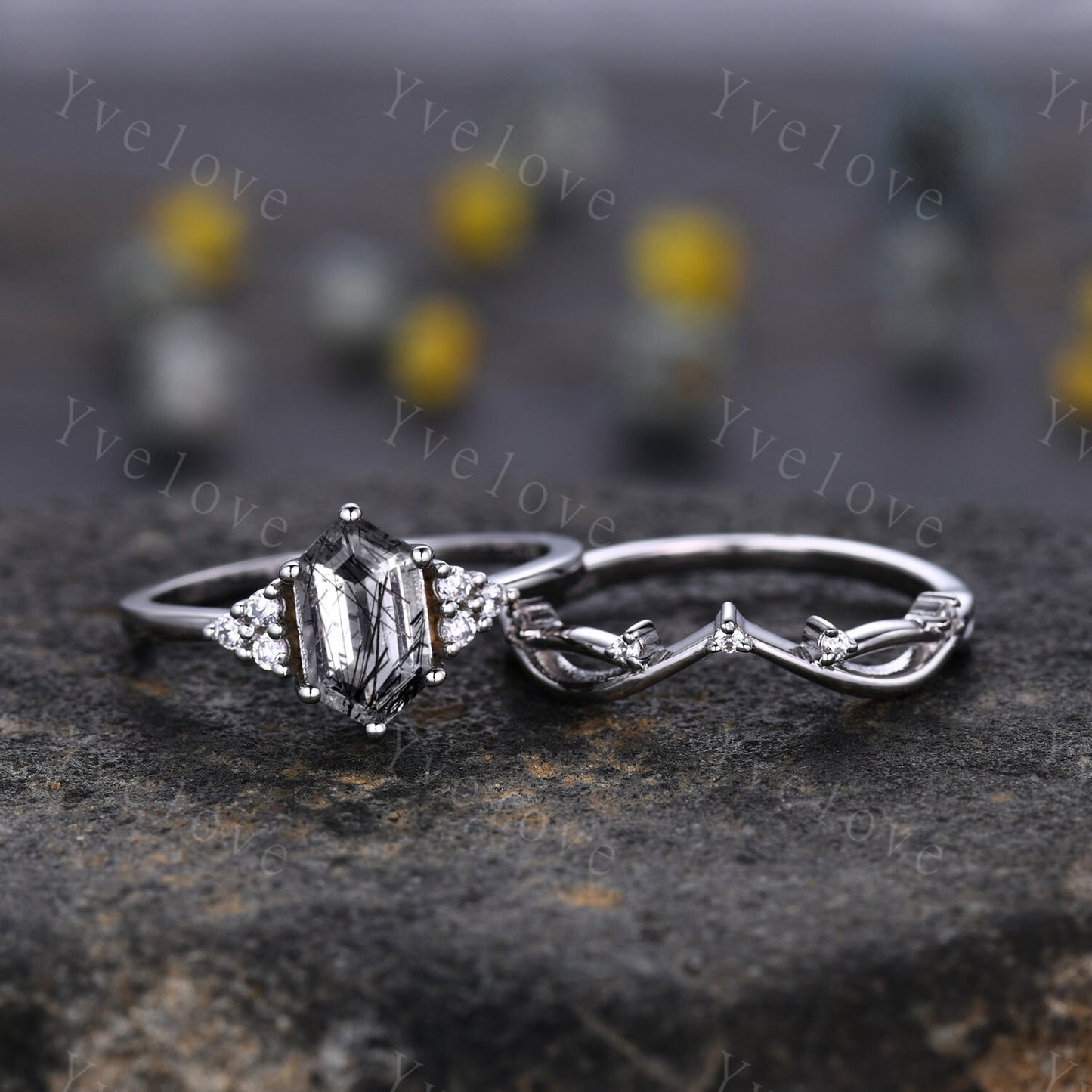 Retro hexagon Black Rutilate Quartz Ring,Vintage Sterling Silver Ring Set,Unique Engagement Ring,Promise Ring,Anniversary Ring Gift For Her