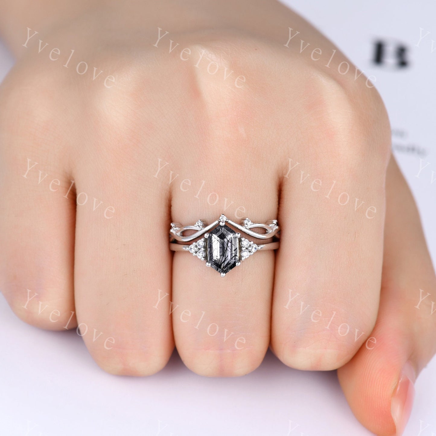 Retro hexagon Black Rutilate Quartz Ring,Vintage Sterling Silver Ring Set,Unique Engagement Ring,Promise Ring,Anniversary Ring Gift For Her