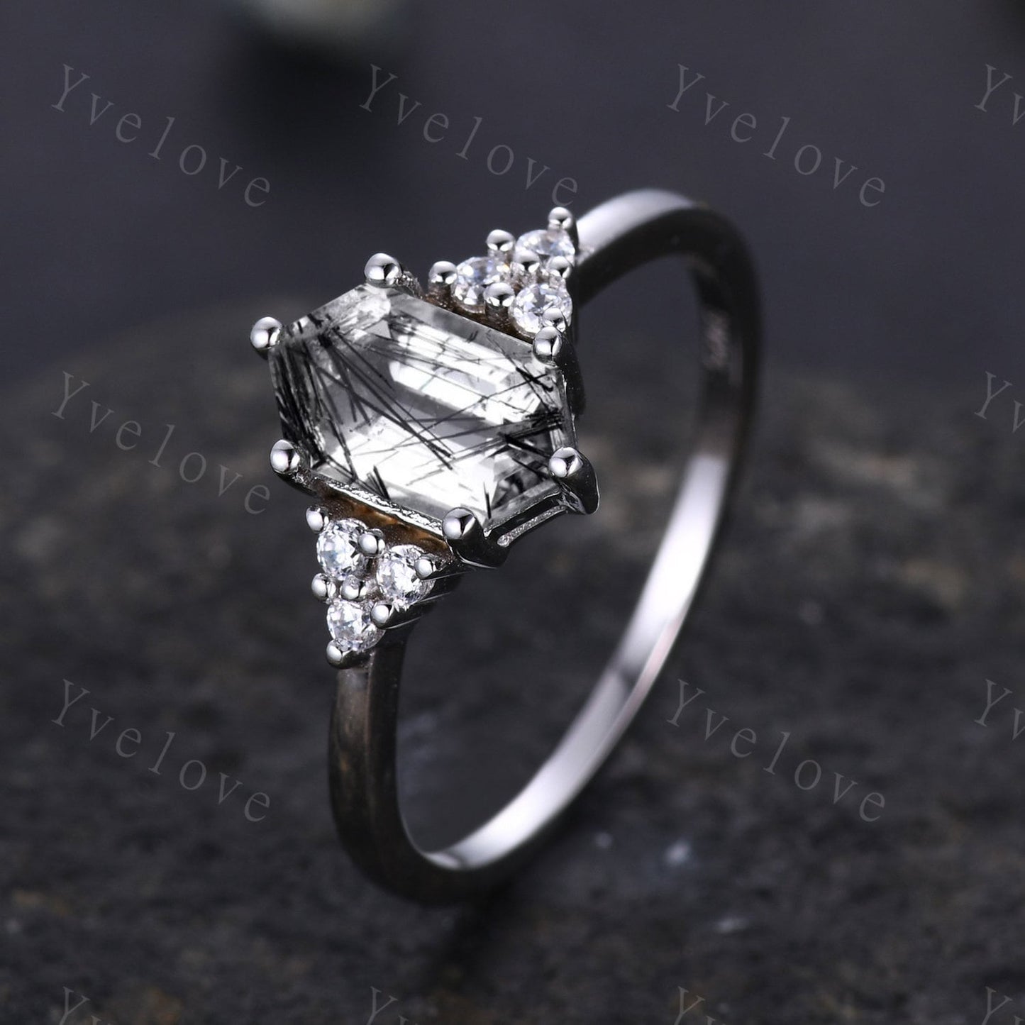 Retro hexagon Black Rutilate Quartz Ring,Vintage Sterling Silver Ring Set,Unique Engagement Ring,Promise Ring,Anniversary Ring Gift For Her