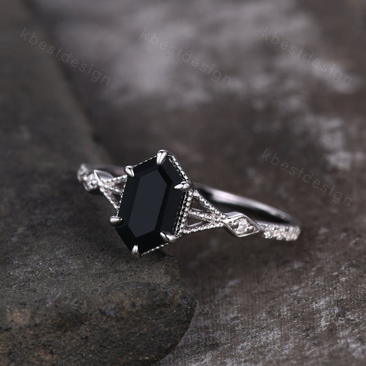 Elongated Hexagon cut Black Onyx Ring Silver Ring Art Deco Milgrain Moissanite Wedding Ring Black stone ring Antique Bridal Promise Ring