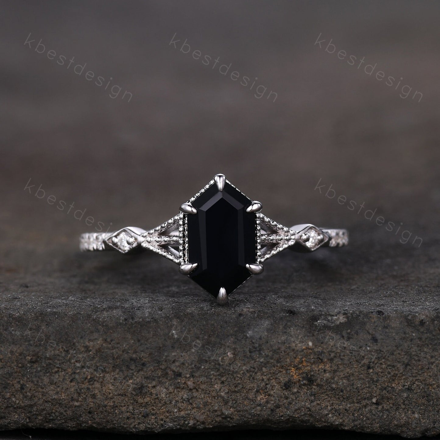 Elongated Hexagon cut Black Onyx Ring Silver Ring Art Deco Milgrain Moissanite Wedding Ring Black stone ring Antique Bridal Promise Ring