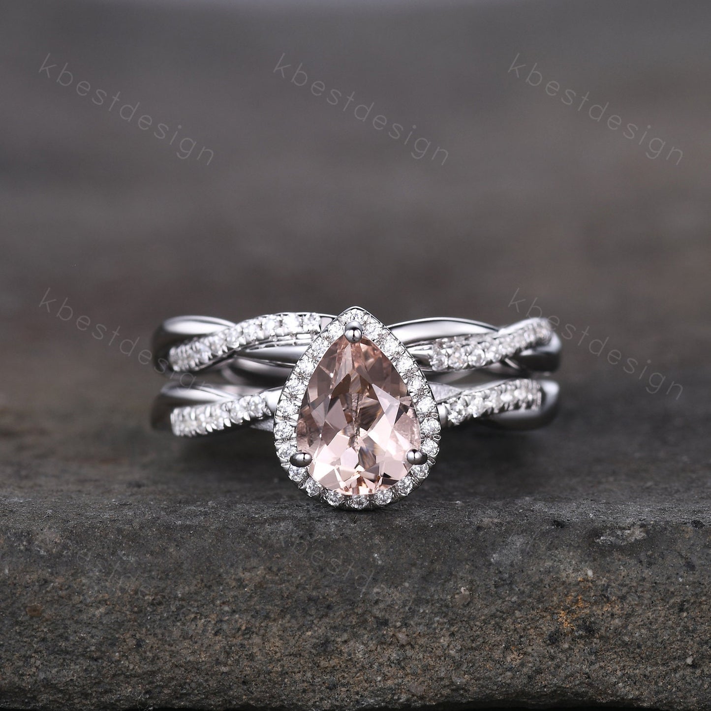 Vintage Morganite Engagement Ring Set White Gold Teardrop Peach Morganite Ring Unique Twisted Moissanite Wedding Band Bridal Promise Ring