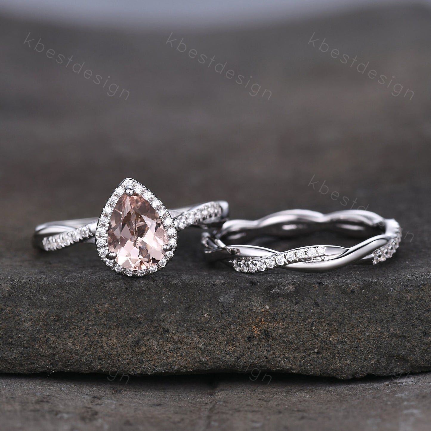 Vintage Morganite Engagement Ring Set White Gold Teardrop Peach Morganite Ring Unique Twisted Moissanite Wedding Band Bridal Promise Ring