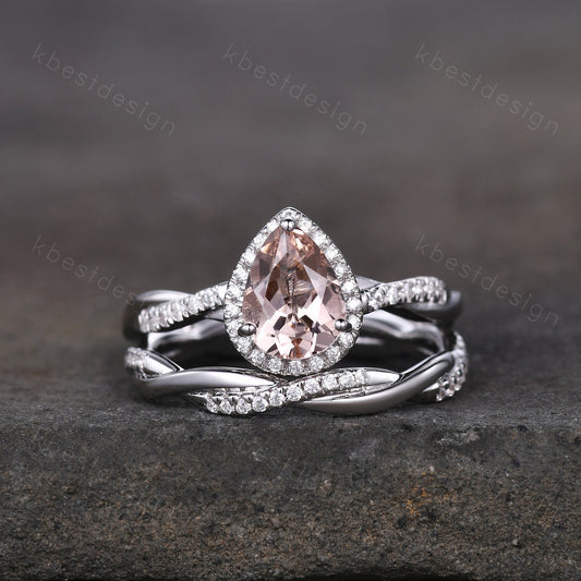 Vintage Morganite Engagement Ring Set White Gold Teardrop Peach Morganite Ring Unique Twisted Moissanite Wedding Band Bridal Promise Ring