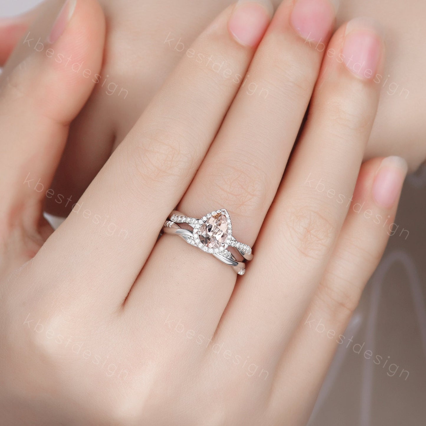 Vintage Morganite Engagement Ring Set White Gold Teardrop Peach Morganite Ring Unique Twisted Moissanite Wedding Band Bridal Promise Ring