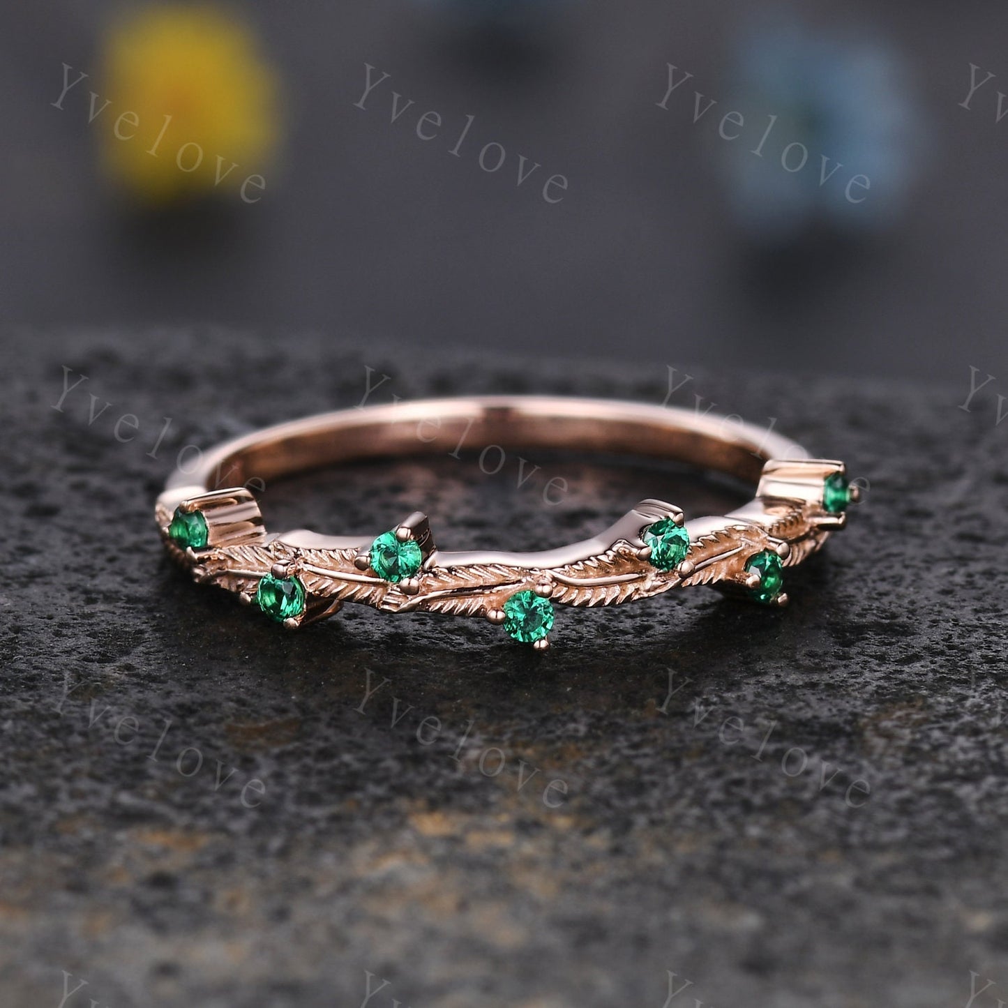 Dainty Emerald Engagement Ring,Emerald Matching Band,Leaf Band,Twig Branch Wedding Band,14k Gold Vintage Women Stacking Matching Ring Gift