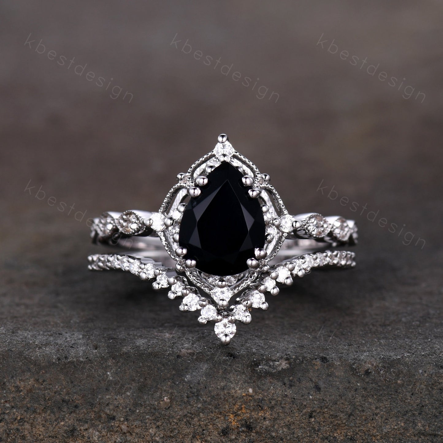 3PCS Vintage black onyx engagement ring rose gold ring art deco curved stacking band pear shaped bridal set unique moissanite wedding set