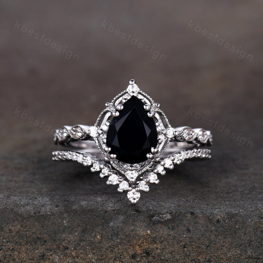Vintage black onyx engagement ring sterling silver ring art deco curved stacking band pear shaped bridal set unique moissanite wedding set