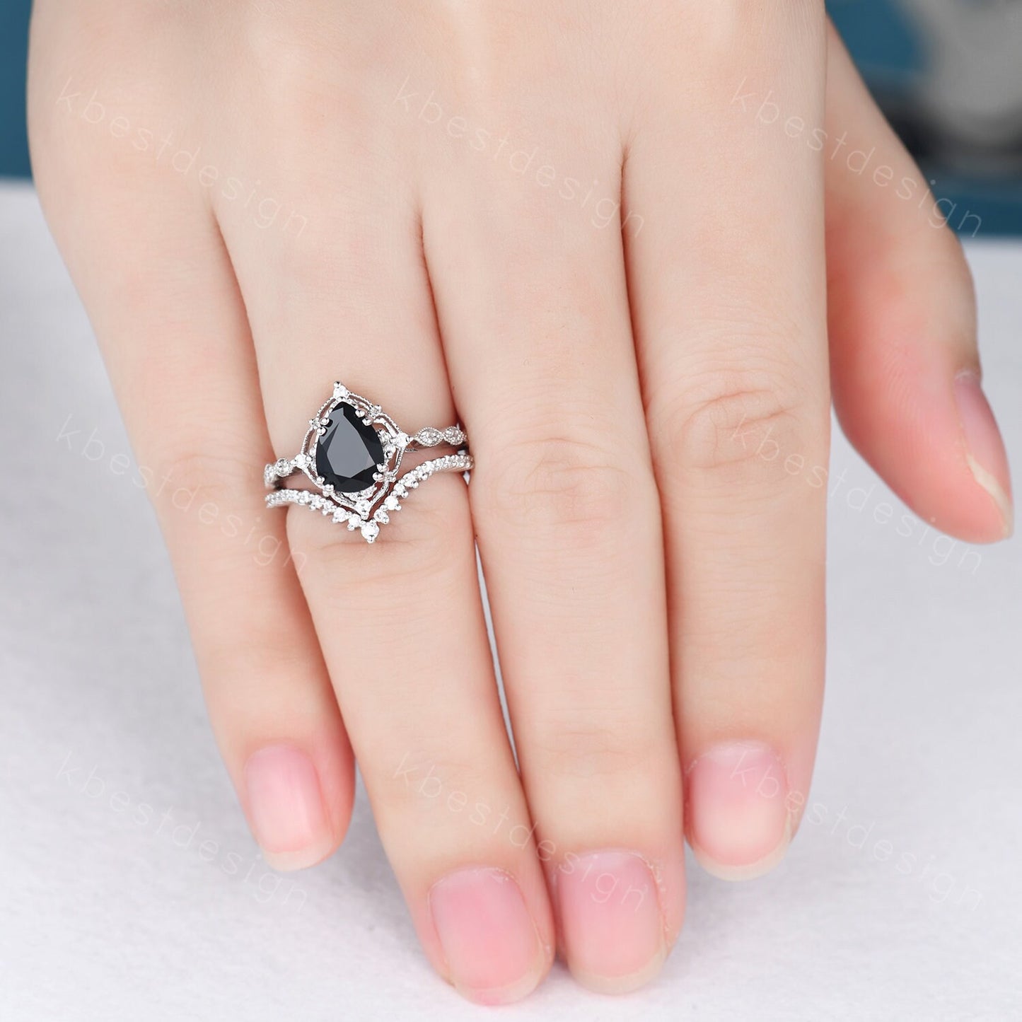 Vintage black onyx engagement ring sterling silver ring art deco curved stacking band pear shaped bridal set unique moissanite wedding set