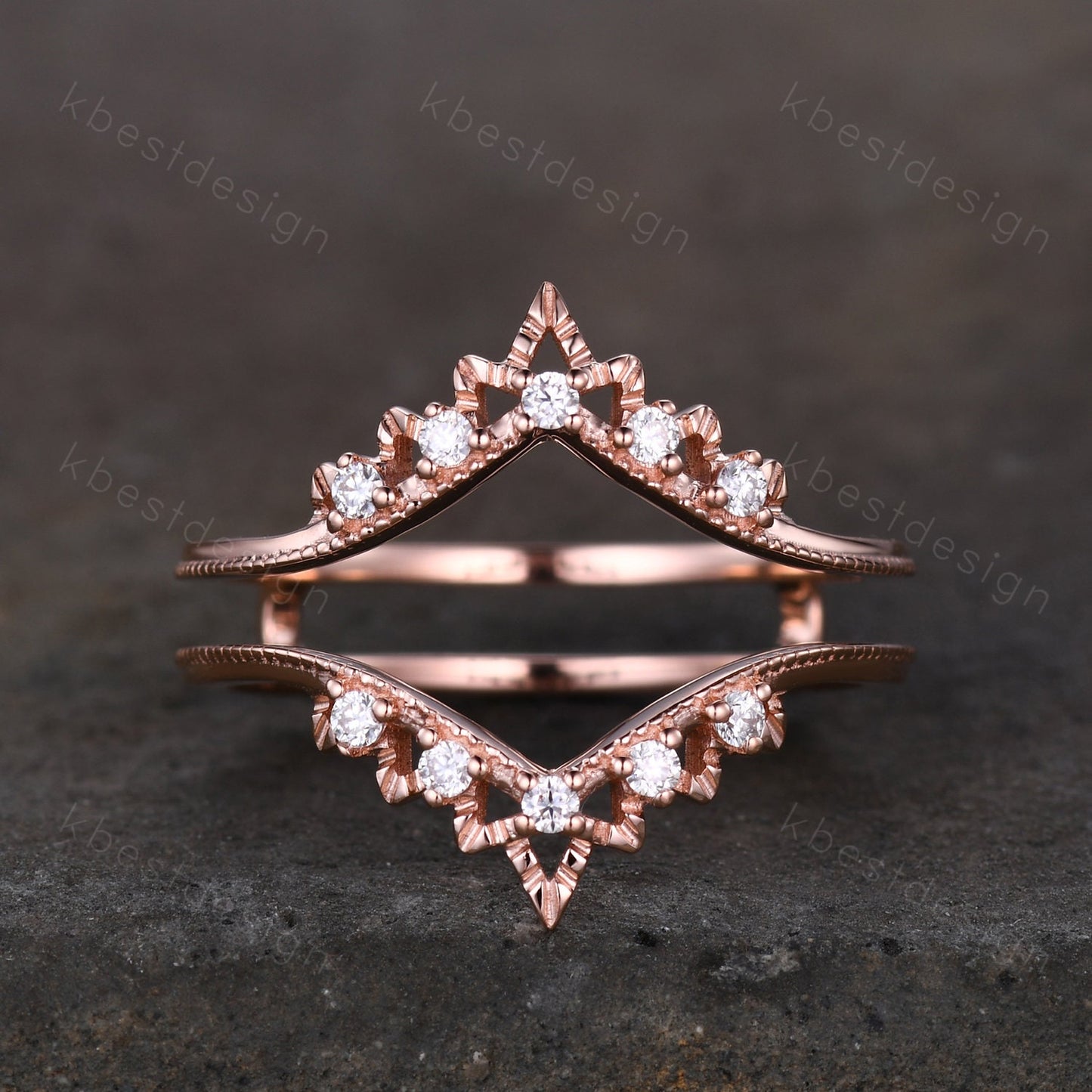 Art deco Moissanite double curved wedding band rose gold enhancer band unique stacking matching band Antique bridal anniversary ring