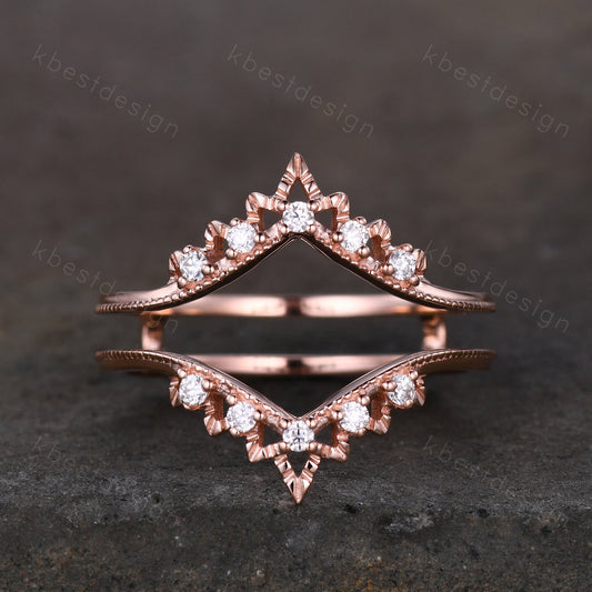 Art deco Moissanite double curved wedding band rose gold enhancer band unique stacking matching band Antique bridal anniversary ring