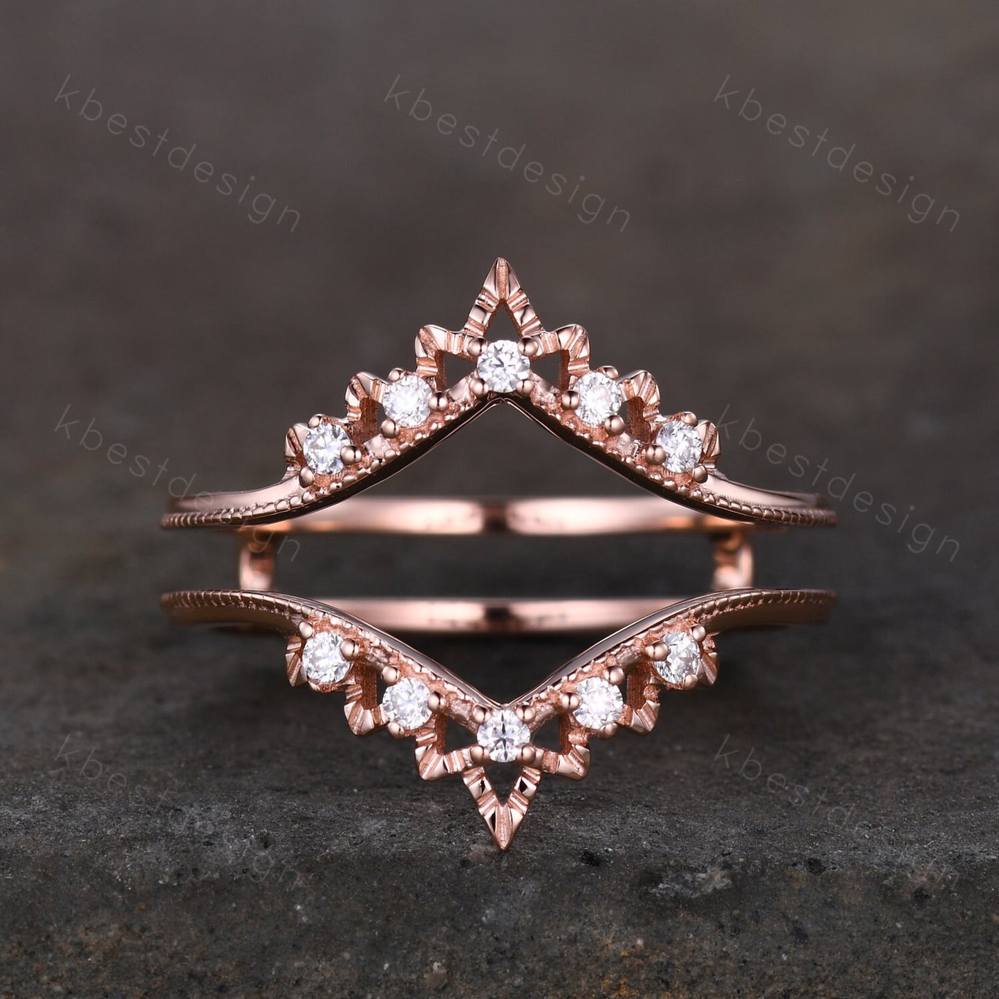 Art deco Moissanite double curved wedding band rose gold enhancer band unique stacking matching band Antique bridal anniversary ring