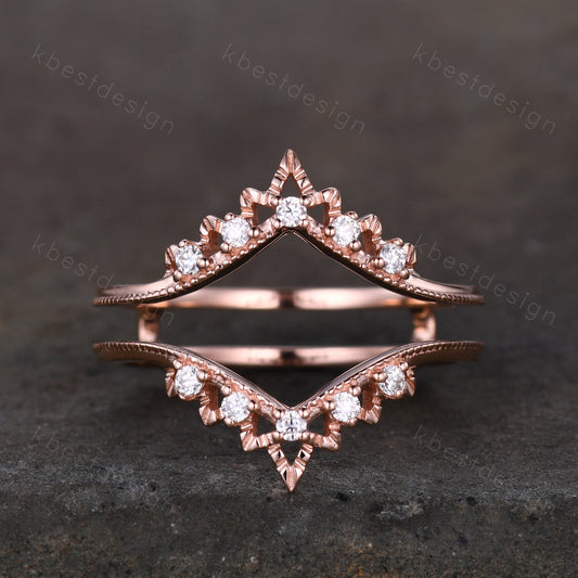 Art deco Moissanite double curved wedding band rose gold enhancer band unique stacking matching band Antique bridal anniversary ring