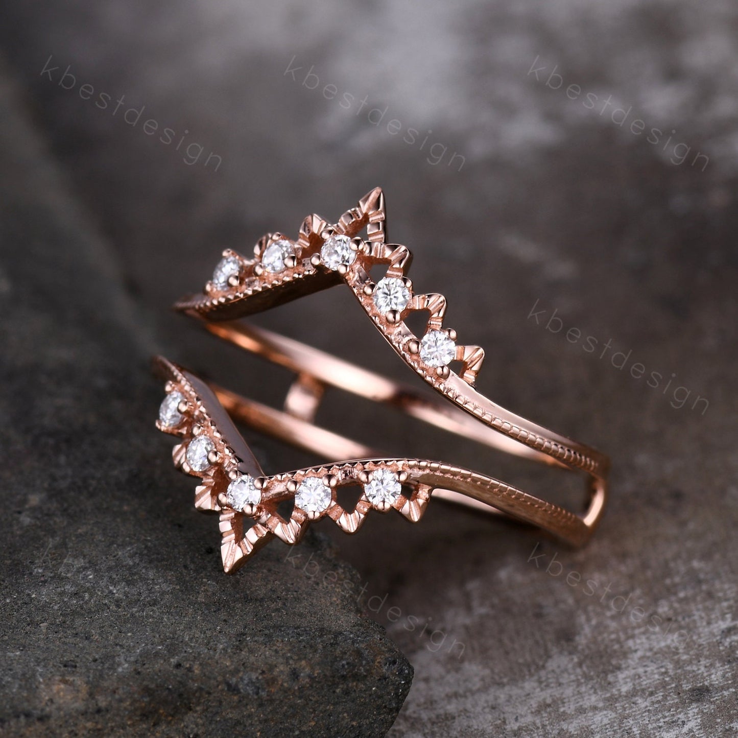 Art deco Moissanite double curved wedding band rose gold enhancer band unique stacking matching band Antique bridal anniversary ring