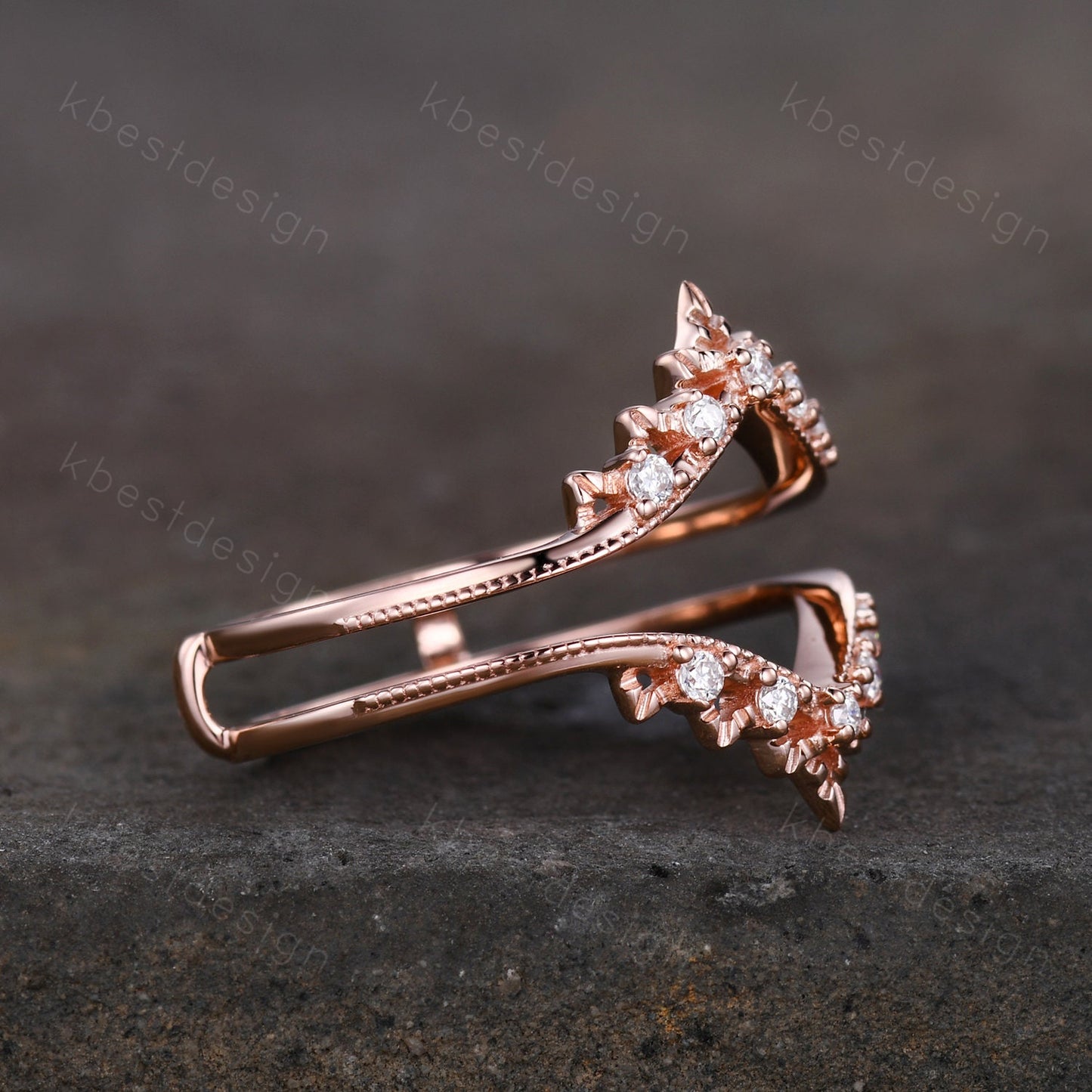 Art deco Moissanite double curved wedding band rose gold enhancer band unique stacking matching band Antique bridal anniversary ring
