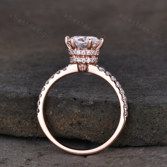1.2CT Round Cut Moissanite Engagement Ring Vintage Hidden Halo Moissanite Ring Classic 6 Prong Ring Simulated Diamond Wedding Ring Promise