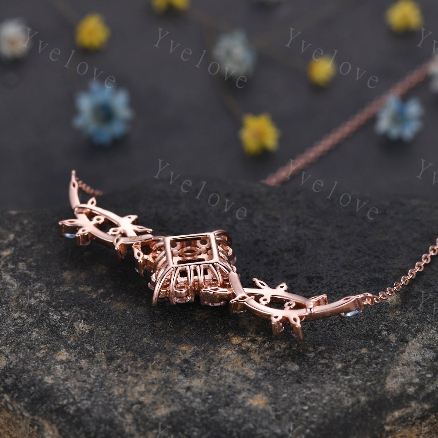 Unique Princess shaped Alexandrite Pendant,Cluster Alexandrite Necklace,Pinky Gold Art Deco Moissanite Necklace,June Gift,Retro Women Gift