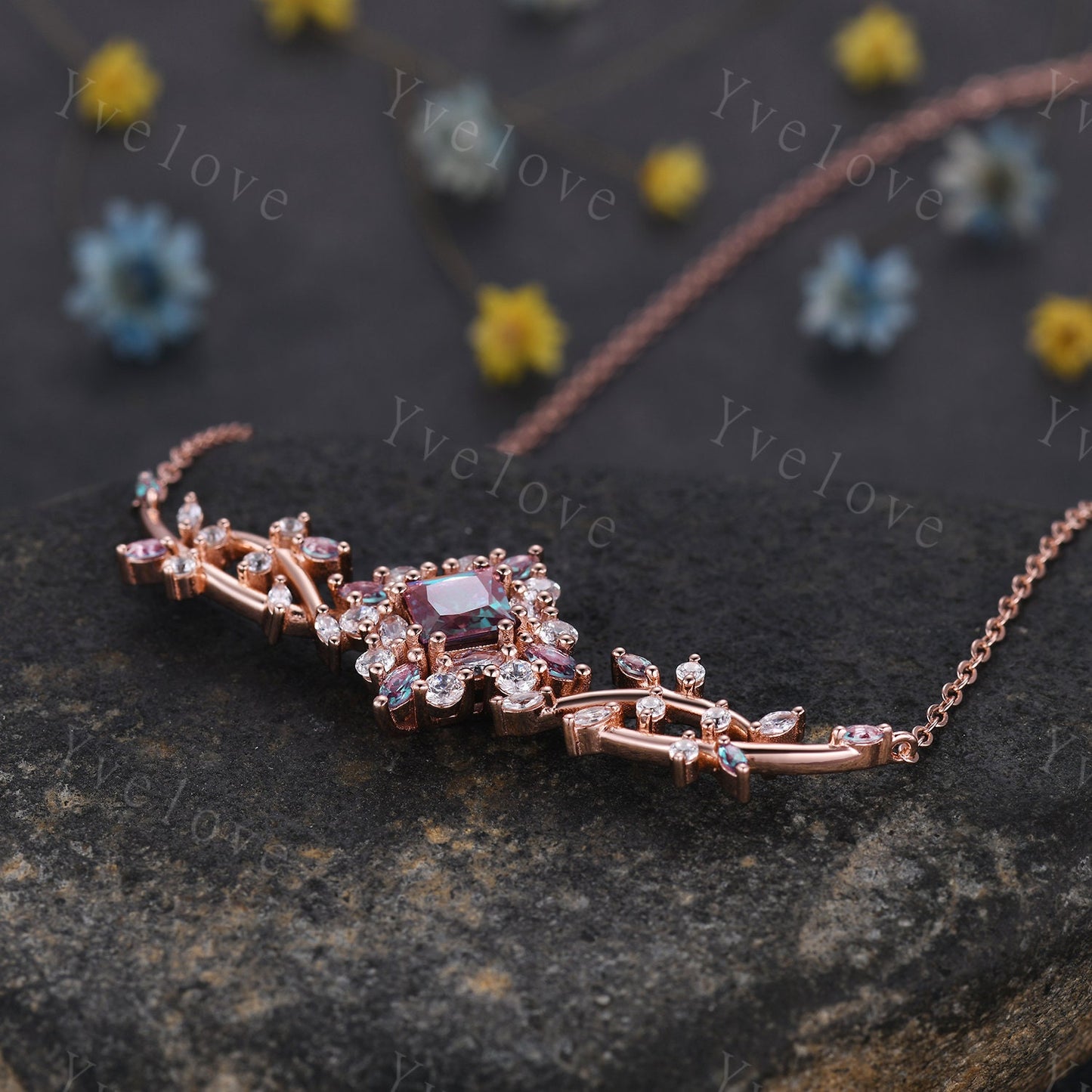 Unique Princess shaped Alexandrite Pendant,Cluster Alexandrite Necklace,Pinky Gold Art Deco Moissanite Necklace,June Gift,Retro Women Gift