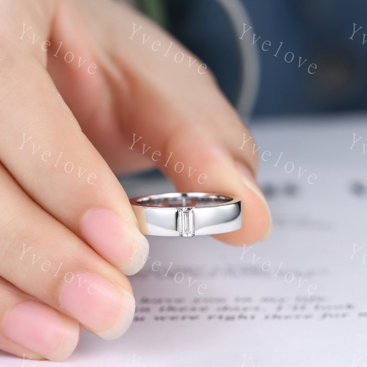 Mens Moissanite Wedding Band Baguette Cut Moissanite Band 5mm Solid Gold Ring Mens Solitaire Stacking Matching Band Retro Vintage Ring Gift