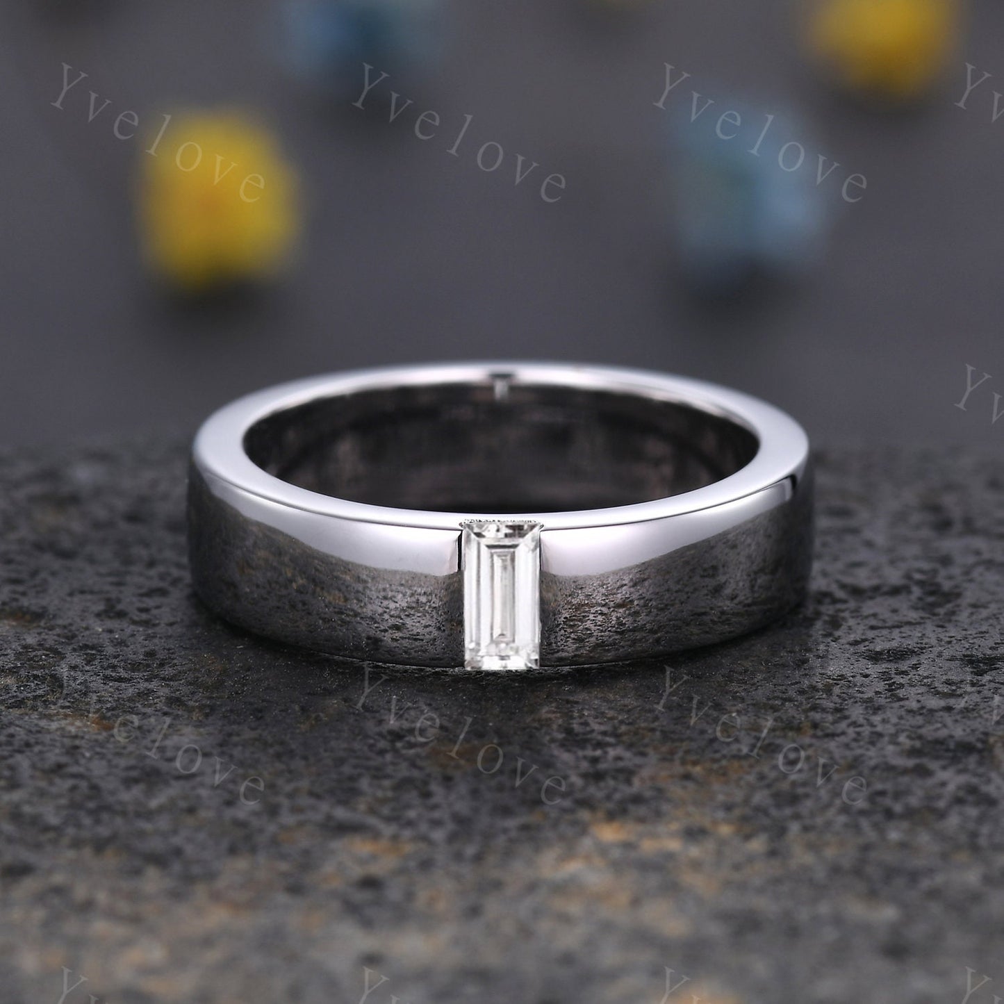 Mens Moissanite Wedding Band Baguette Cut Moissanite Band 5mm Solid Gold Ring Mens Solitaire Stacking Matching Band Retro Vintage Ring Gift