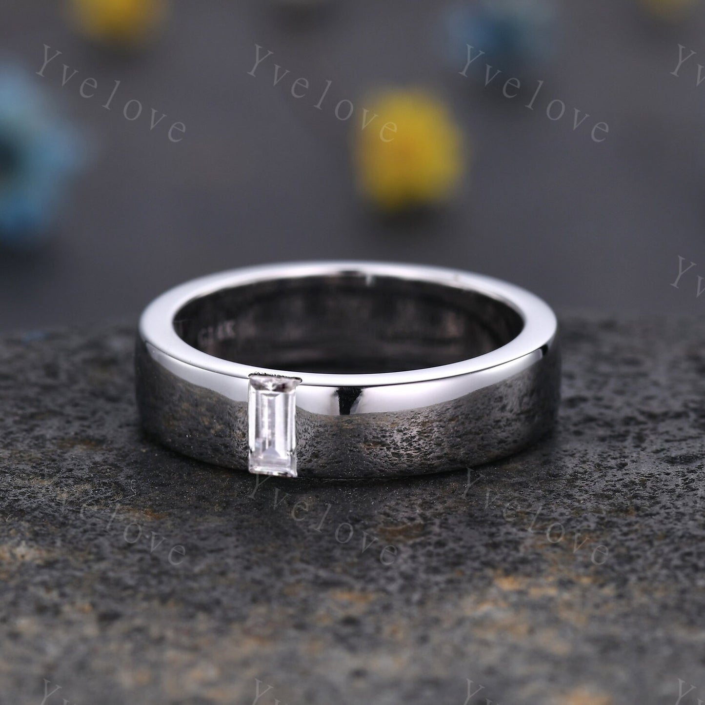 Mens Moissanite Wedding Band Baguette Cut Moissanite Band 5mm Solid Gold Ring Mens Solitaire Stacking Matching Band Retro Vintage Ring Gift