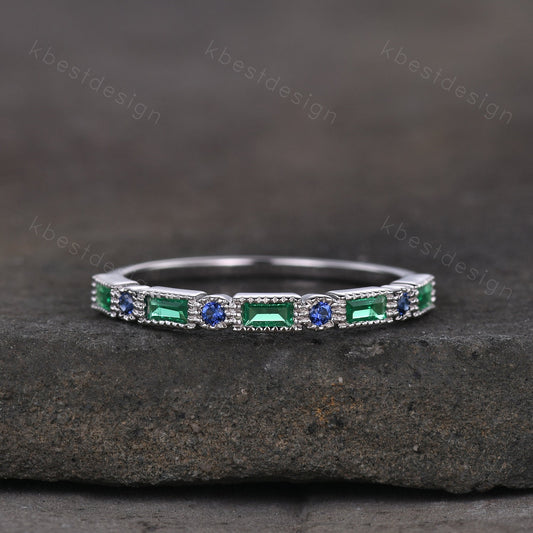 Art Deco Emerald sapphire wedding band silver baguette band women wedding ring May birthstone ring vintage stacking Anniversary gift