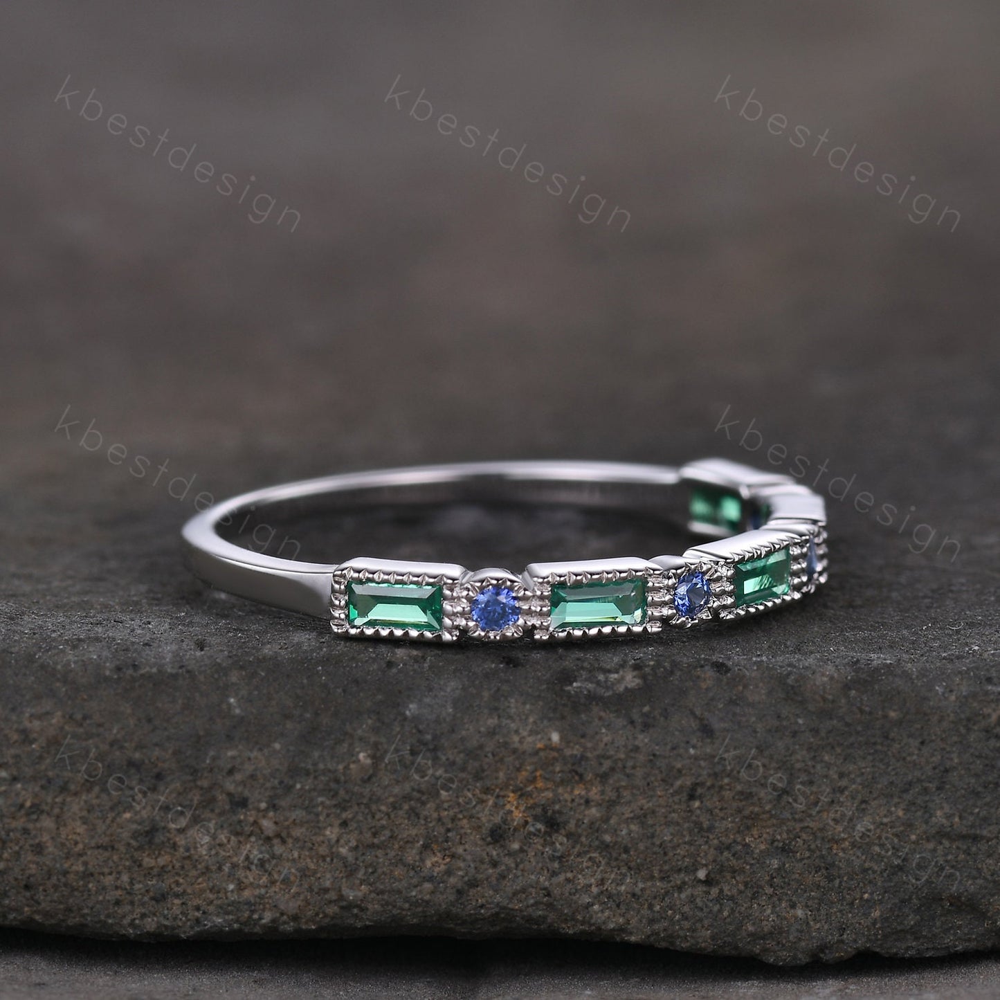 Art Deco Emerald sapphire wedding band silver baguette band women wedding ring May birthstone ring vintage stacking Anniversary gift