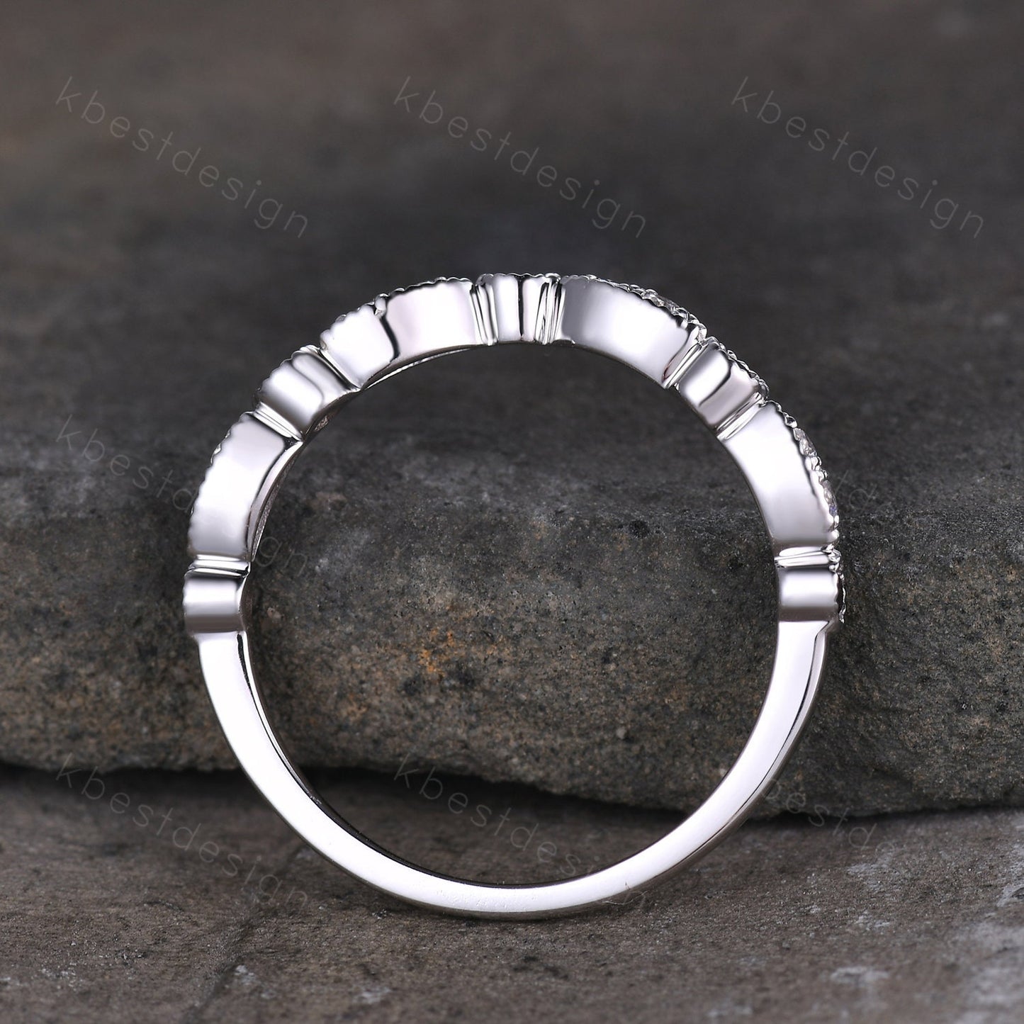 Curved moissanite wedding band sterling silver black spinel wedding ring art deco stacking matching band women anniversary gift