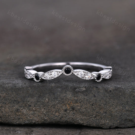 Curved moissanite wedding band sterling silver black spinel wedding ring art deco stacking matching band women anniversary gift